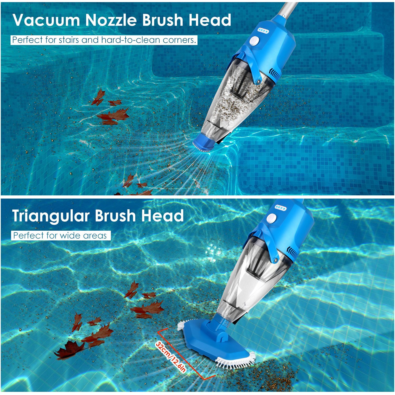 Cordless Pool Vacuum with Telescopic Pole Powerful Suction IPX8 Waterproof