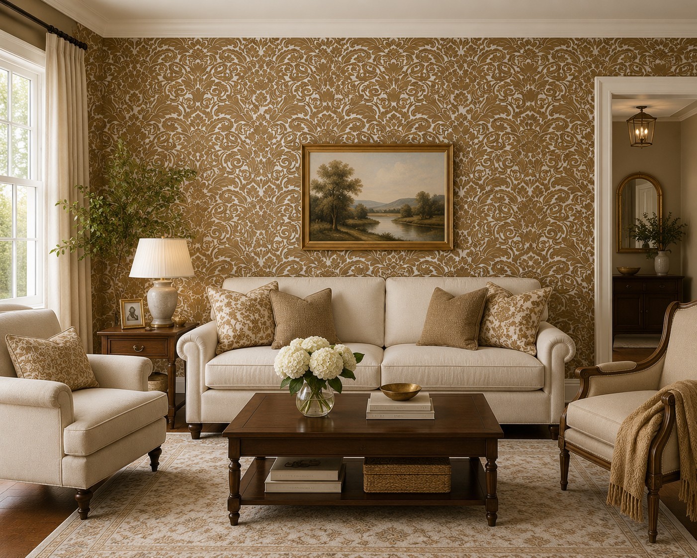 Flocking orange beige ivory cream Flocked Victorian damask velvet Wallpaper 3D