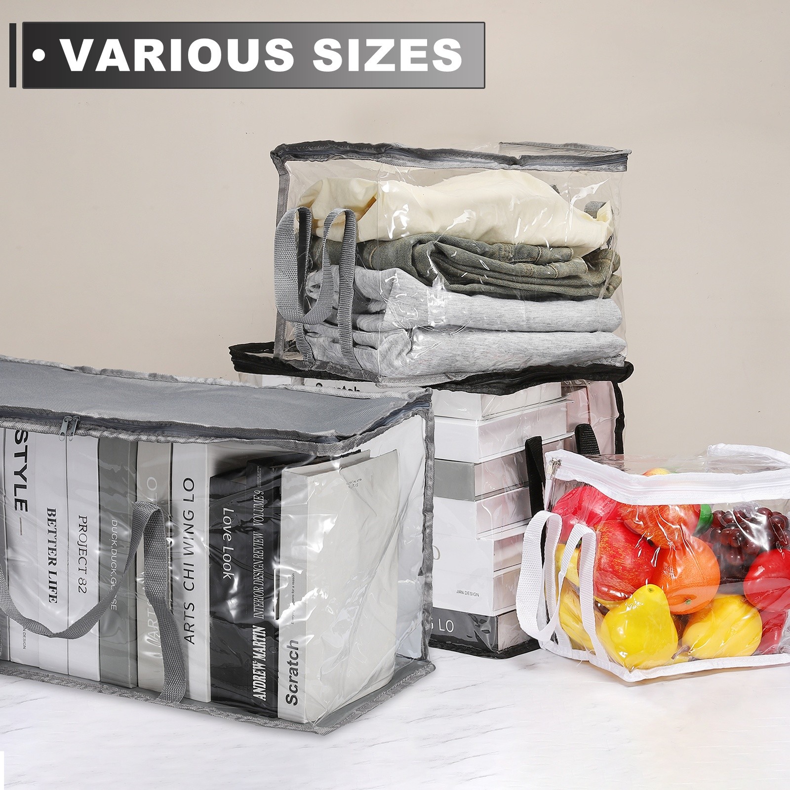 12.6×9.5×9.8in Clear Storage Bags, Plastic Storage Bags with Zipper,M, Black