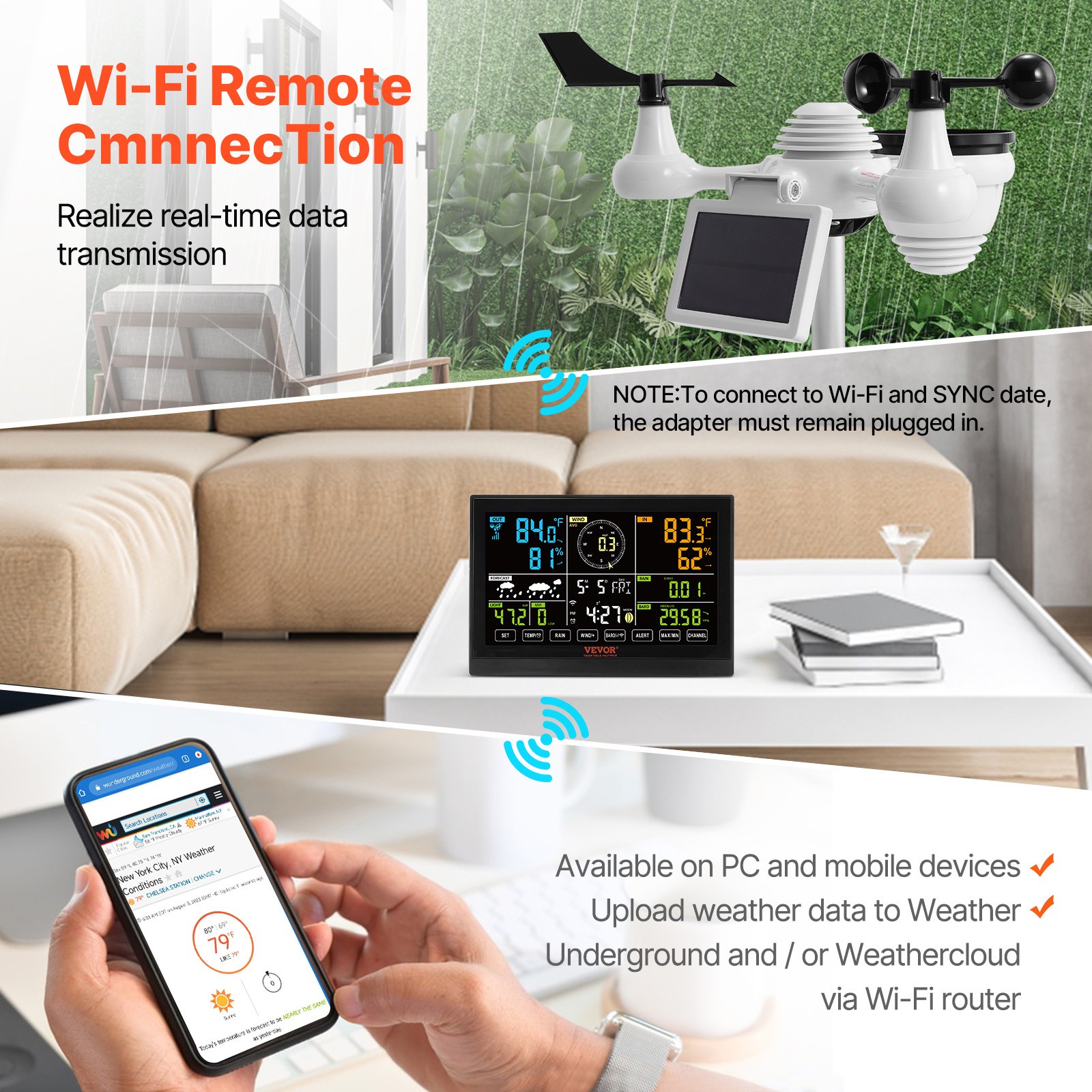 VEVOR 7-in-1 Wi-Fi Weather Station 7.5 in Color Display Wireless Outdoor Sensor