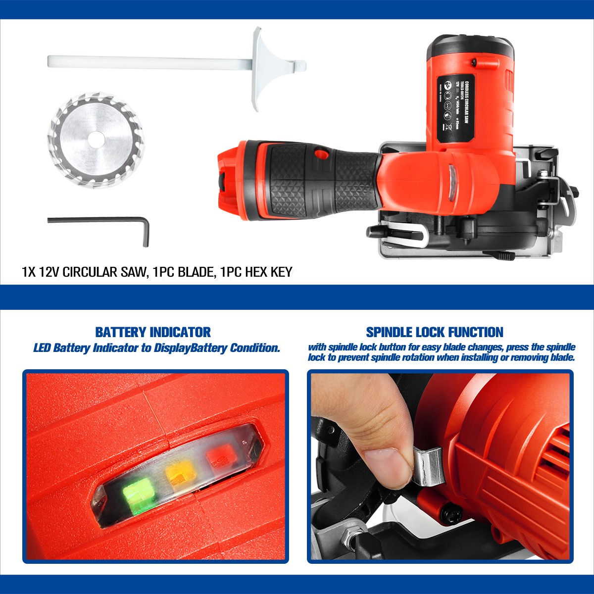DNA Motoring TOOLS-00174 12V Compact Cordless Circular Saw w/Blade+Hex Key Red