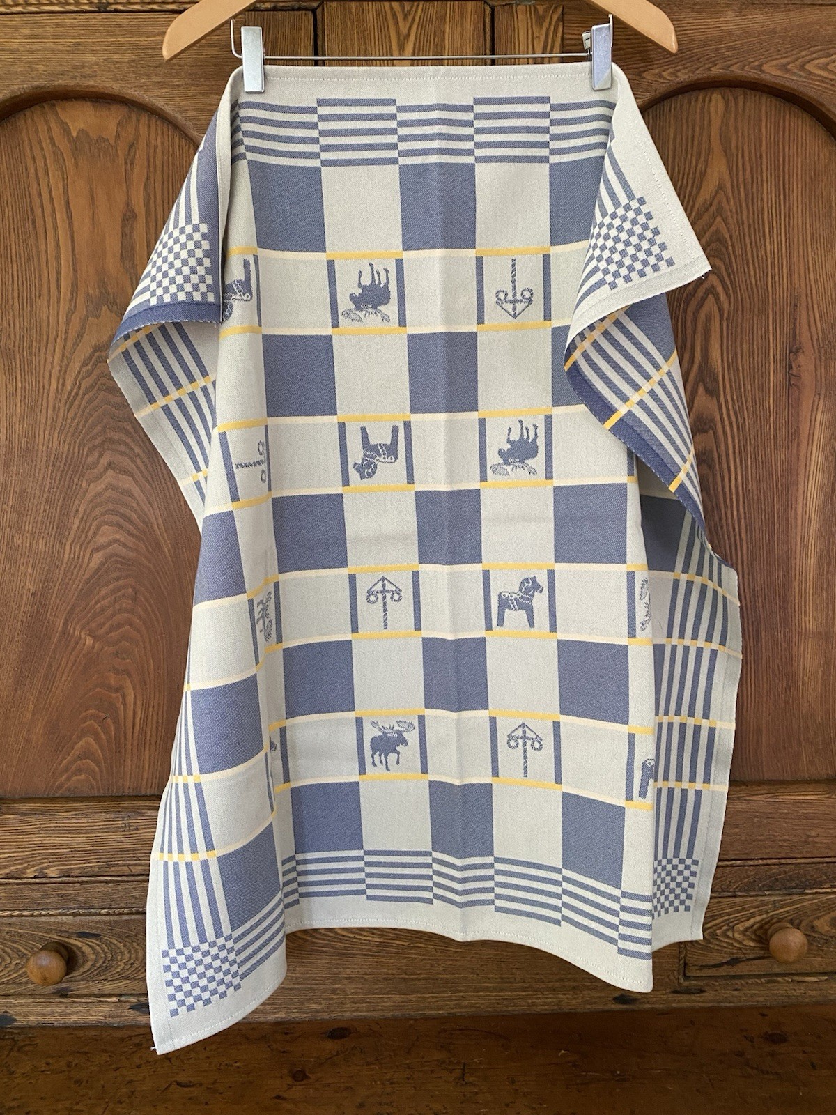 Ekelund Sweden weavers woven square tablecloth Swedish blue yellow moose horse