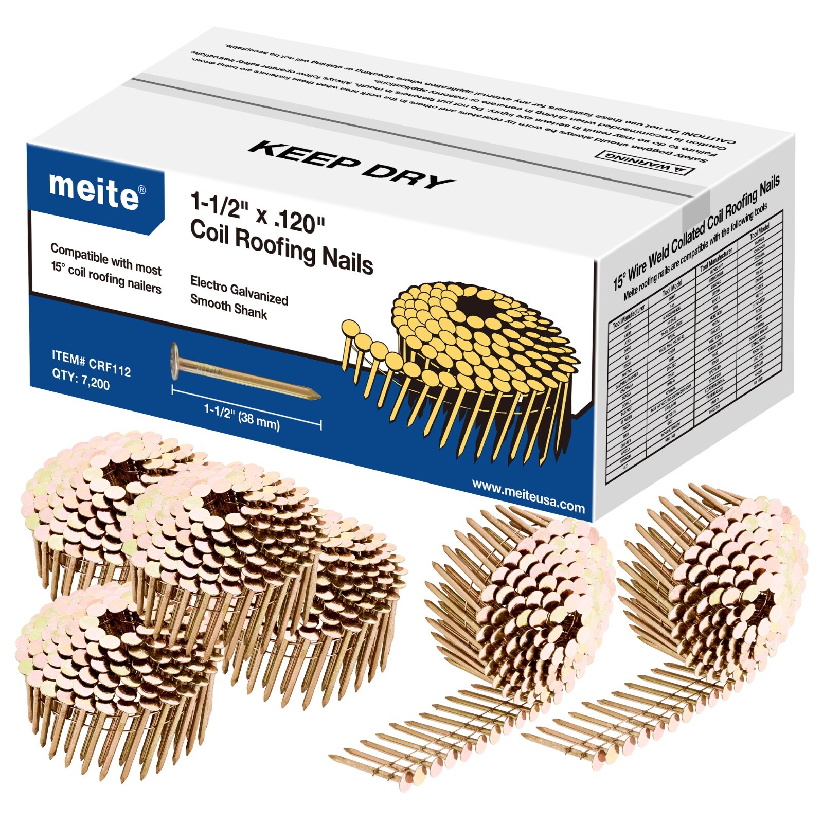 meite 15 Degree Coil Roofing Nails 1 to 1-3/4 Inch Round Head Wire Collated GAL.