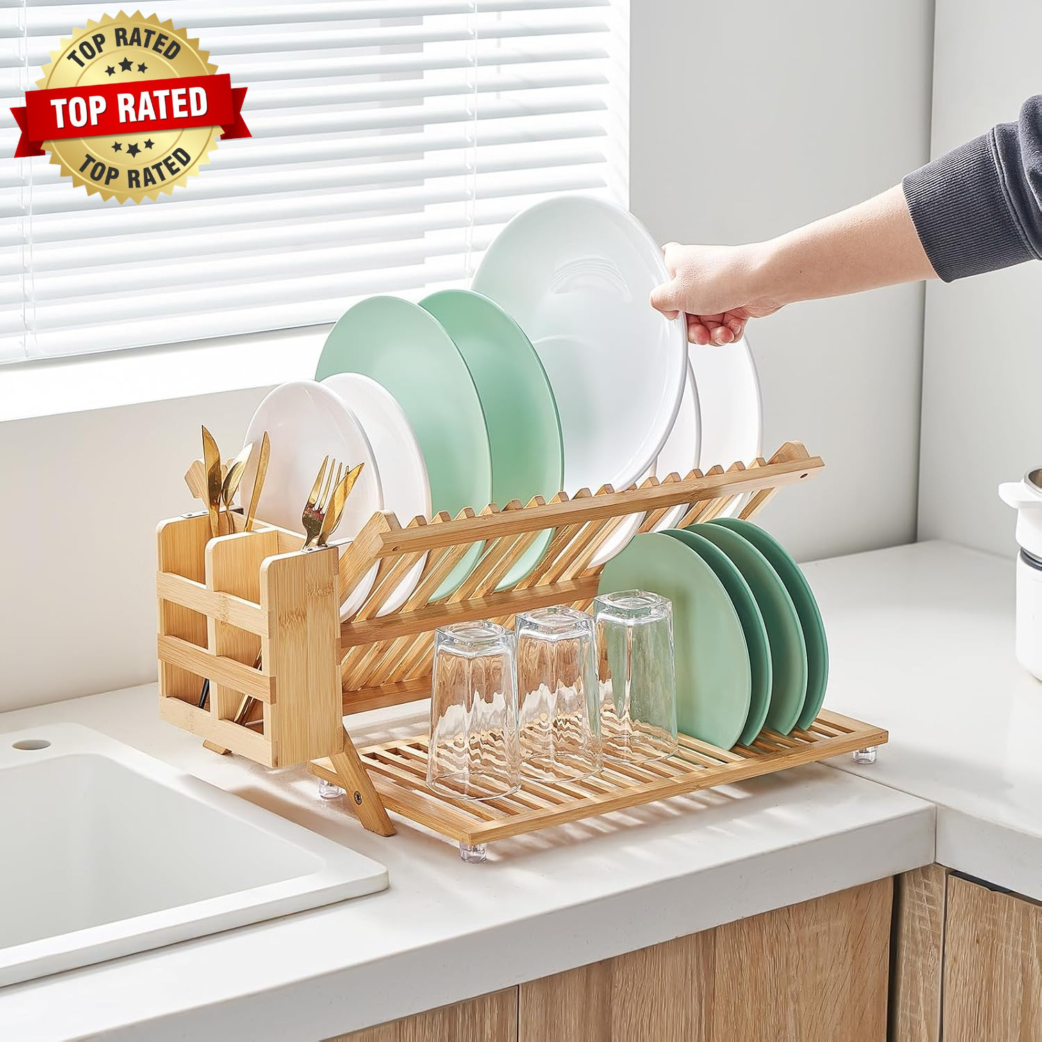 Bamboo Dish Drying Rack, 3 Tier Collapsible Wooden Dish Drainer Rack with Utensi