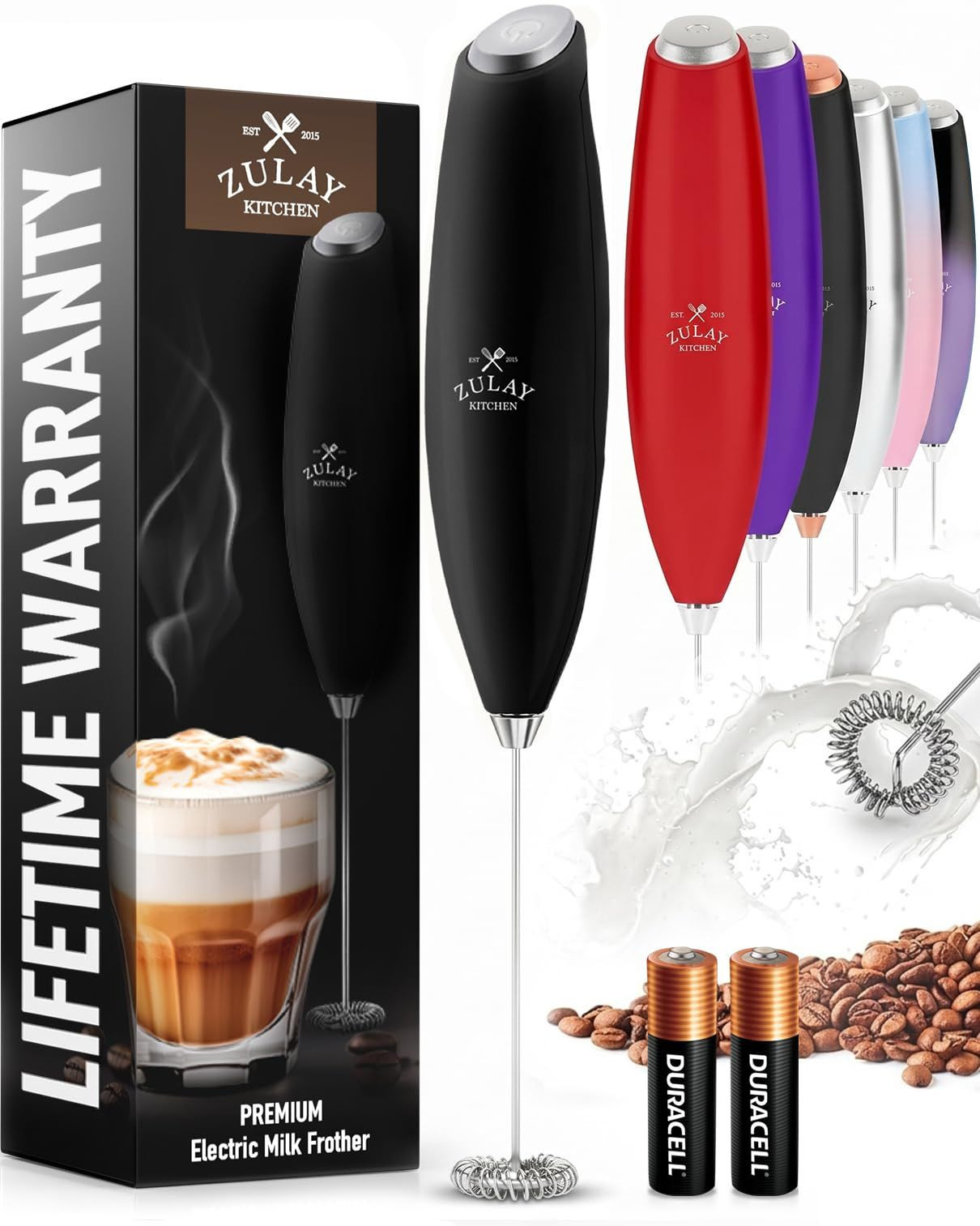 Zulay Kitchen Milk Frother Handheld Electric Z1 Motor + Batteries, Black