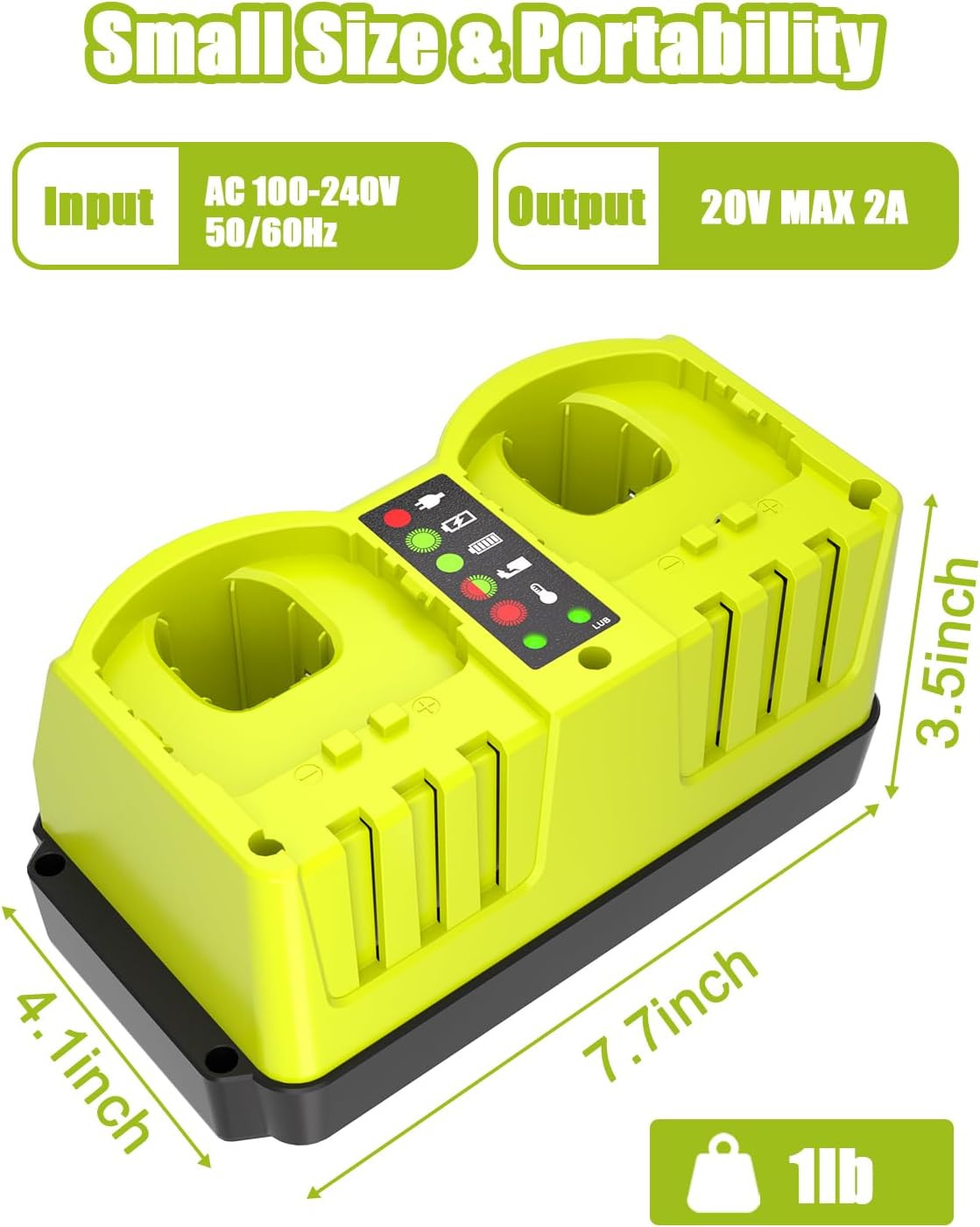 2-Port Fast Charger for Ryobi 18V Battery P108 P197 – Replaces P117 P118 P119 US