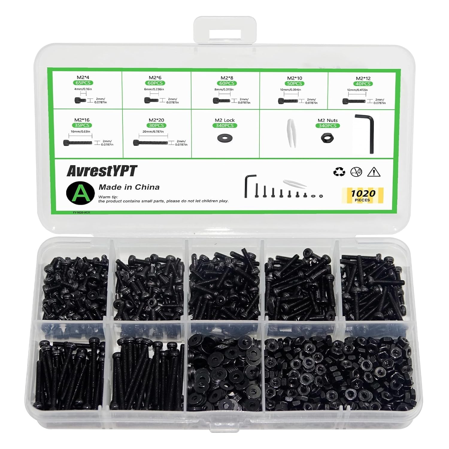M2 Hex Flat/Socket/Button Head Screw Bolts Nuts Washers Assortment kit(4-25 mm)