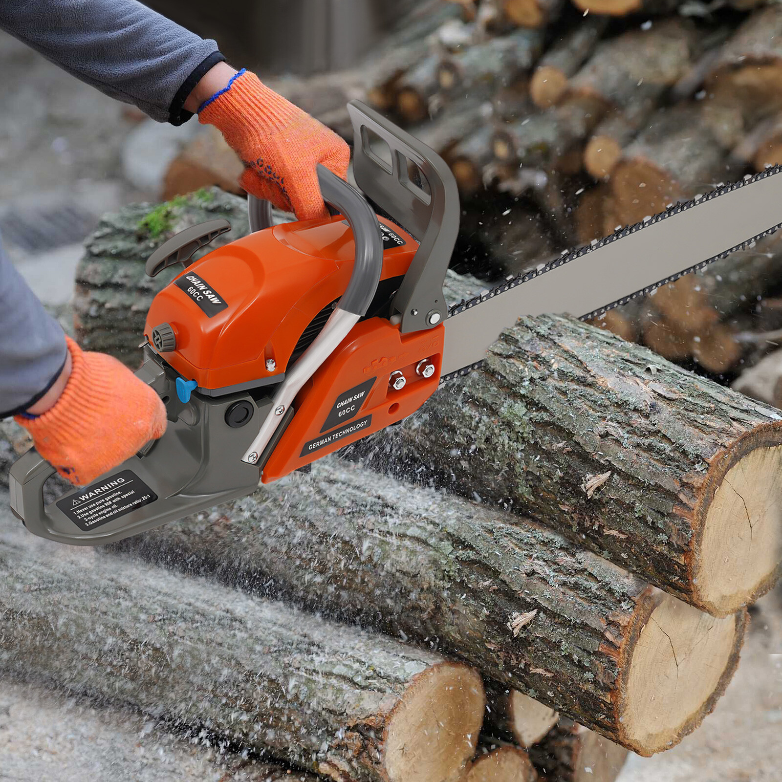 60cc Gas Powered Chainsaw with 22” Guide Bar Saw Chain 2-Stroke Engine Cut Wood
