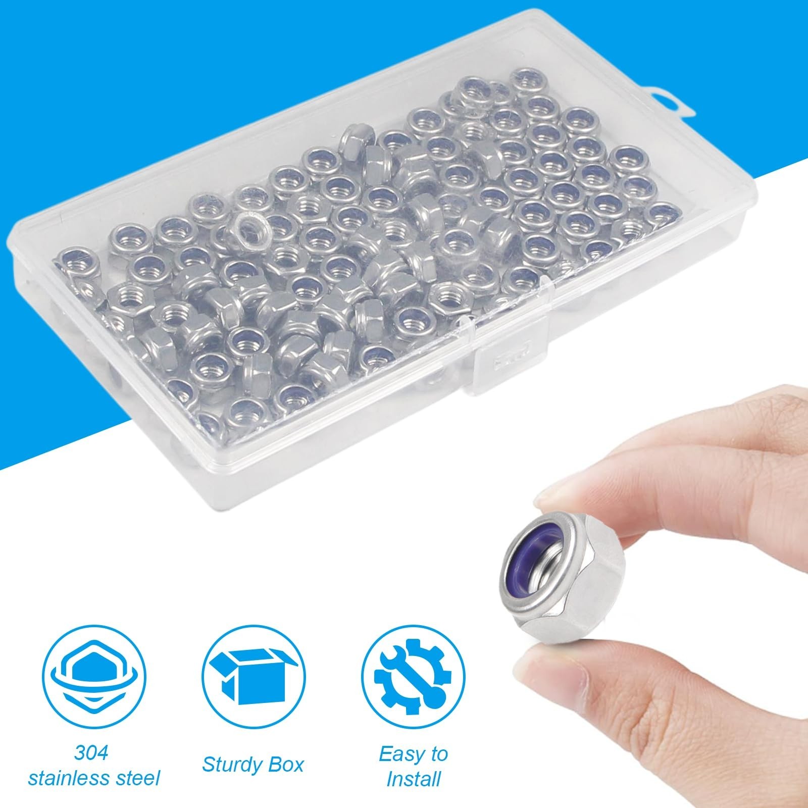 100PCS M6 Locknuts M6x1.0mm Nylon Insert Hex Lock Nuts 304 Stainless Steel Me…