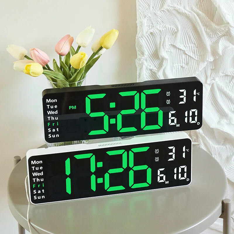 Large LED Digital Wall Clock Remote Control Temp Date Week Display Memory Watch