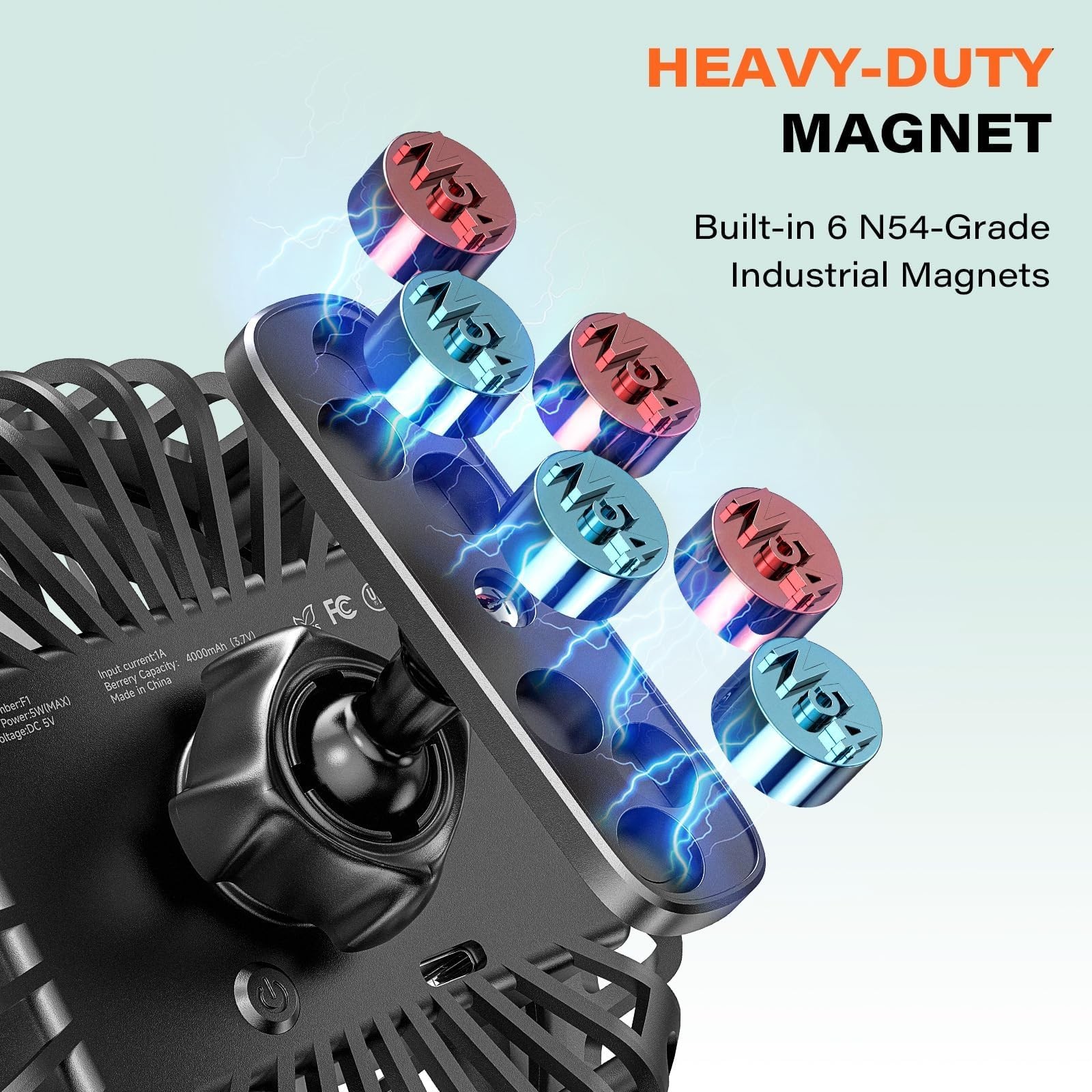 Rechargeable Magnetic Base Golf Cart Fan – Portable, 3 Speeds, 4000 RPM Airflow,