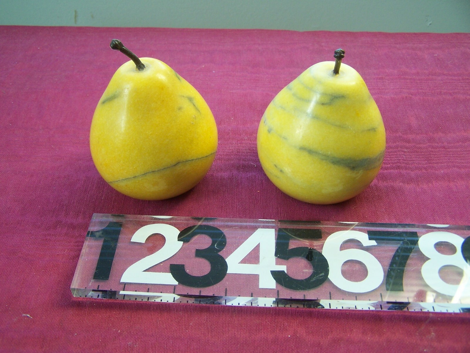 2 alabaster(?) marble stone pears, heavy, 1.4 pounds each, 3″ tall, EUC