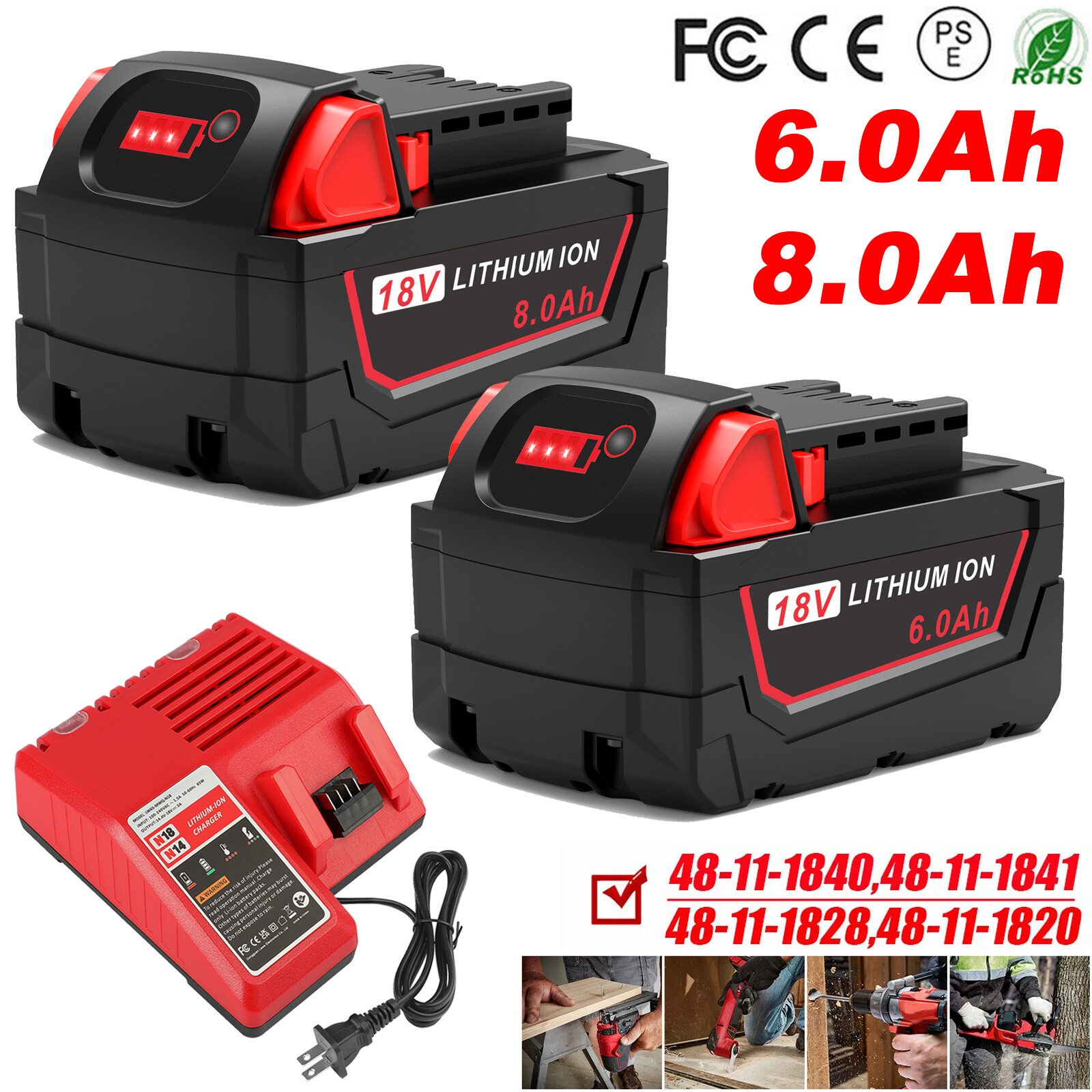 8.0Ah 6.0Ah For M18 Battery For MILWAUKEE Cordless LITHIUM-ION 48-11-1860 Tools