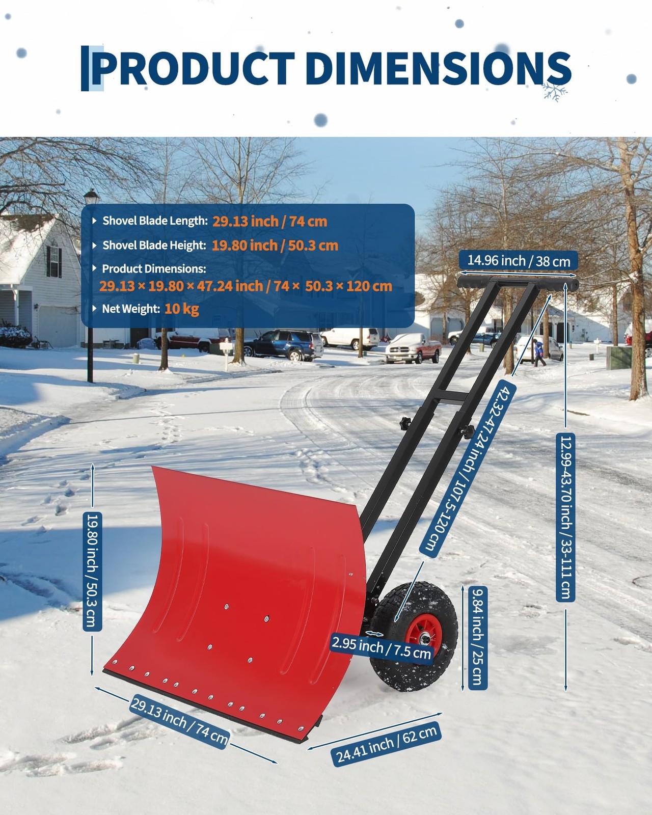 Heavy Duty Snow Shovel with Wheels Steel Dual Handle Push Snow Pusher Shovel