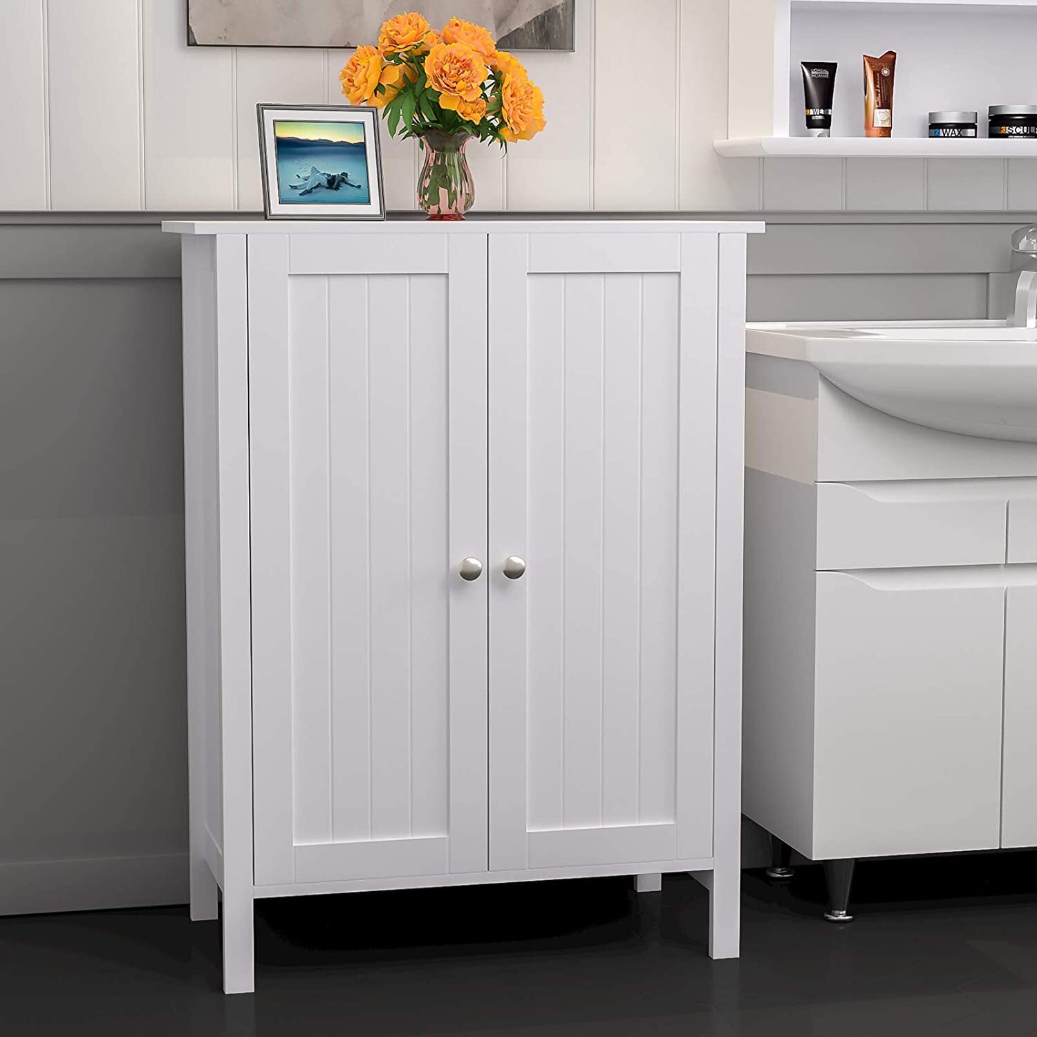 Wooden Cabinet 3 Shelves Double Door Bathroom Storage Floor Organizer white
