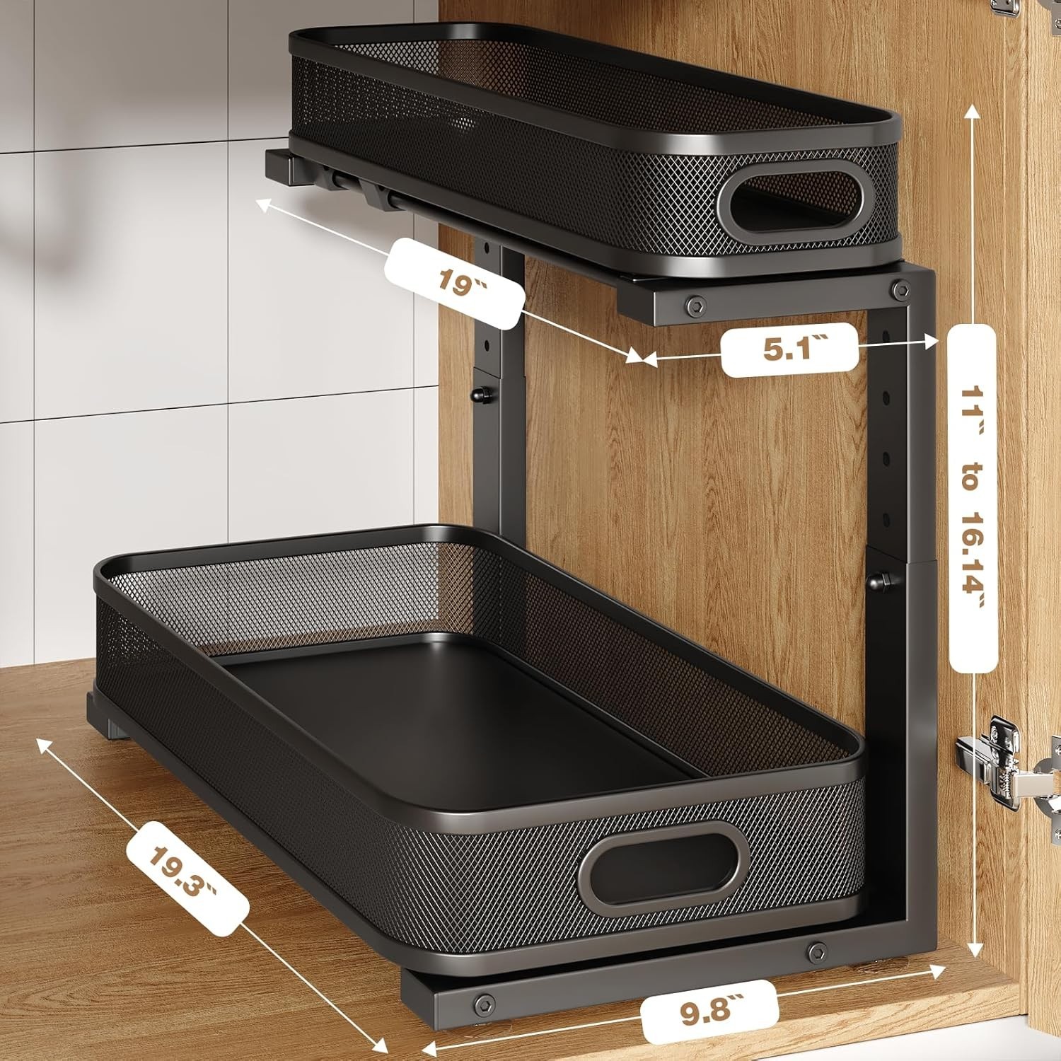 2 Pack 19.3IN-Depth Under Sink Organizer with Smooth Cylindrical Rail,2-Tier Pul