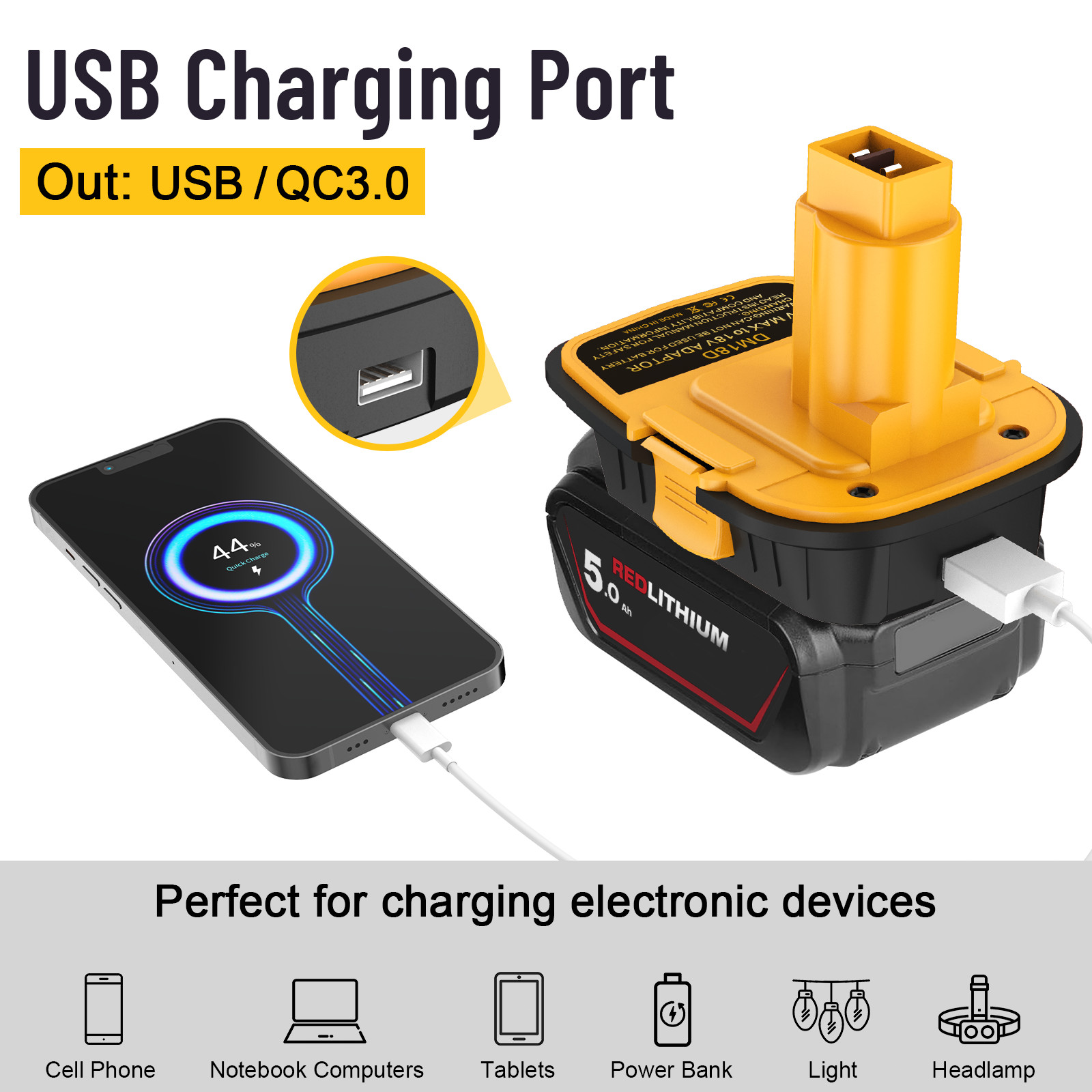 Battery Adapter with USB Compatible with Dewalt 20V Battery (Battery Not Includ)