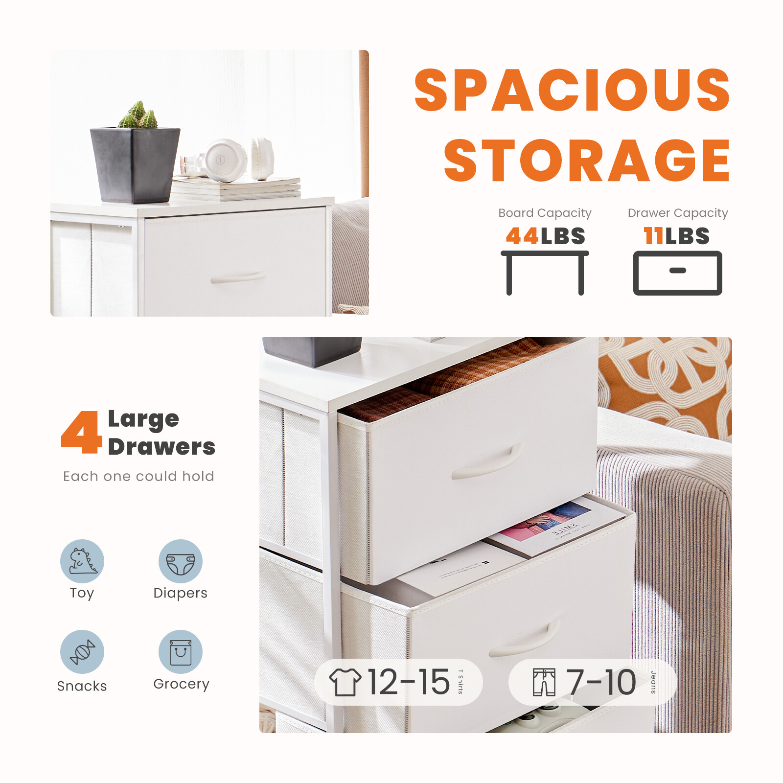 Skinny 4-Drawer Dresser – Fabric Storage Tower, Chest of Drawers for Bedroom