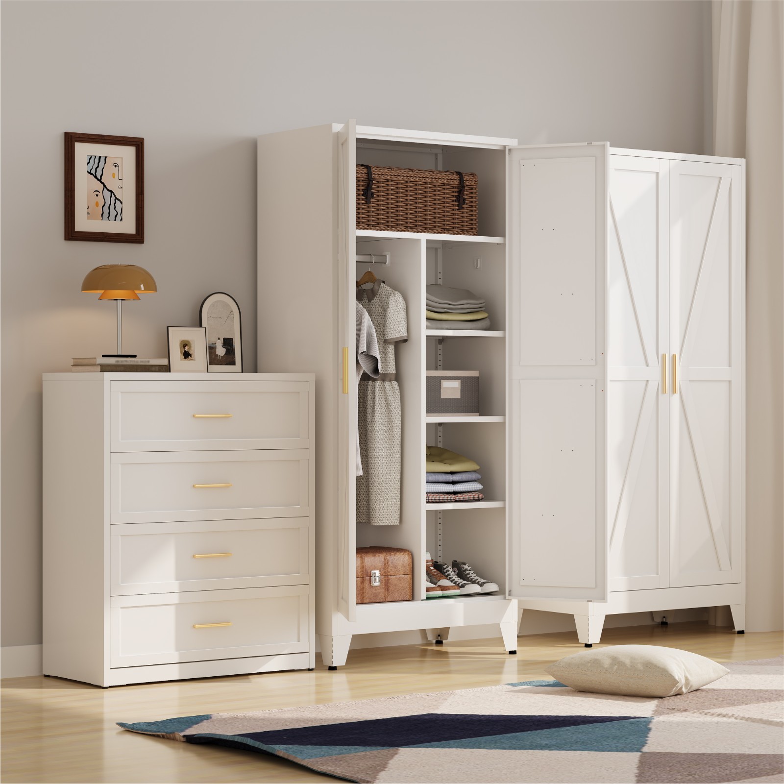 71″ White Metal Cabinet w/Doors/Shelves, for Bathroom, Living Rm, Storage