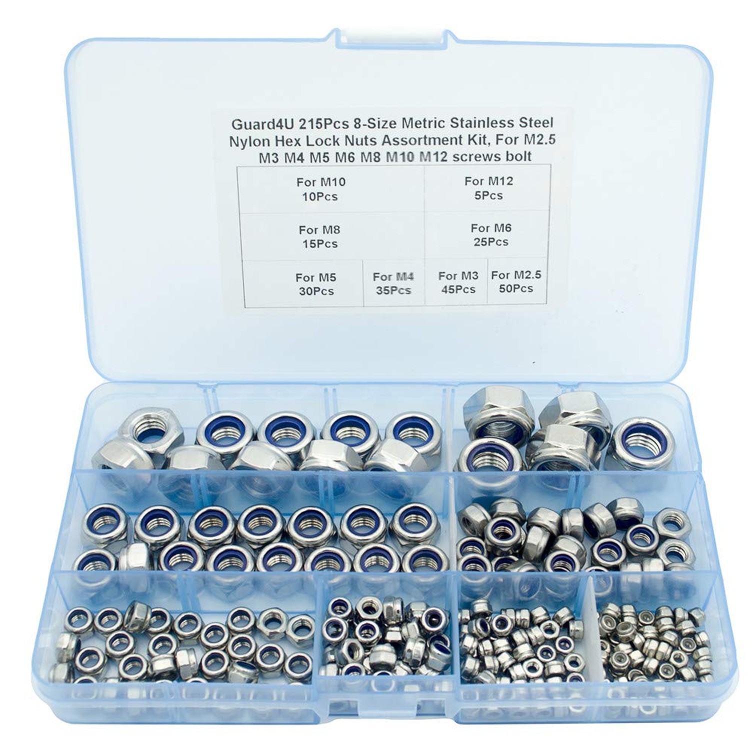 215Pcs 8-Size Metric Stainless Steel Nylon Insert Hex Lock Nuts Assortment Ki…
