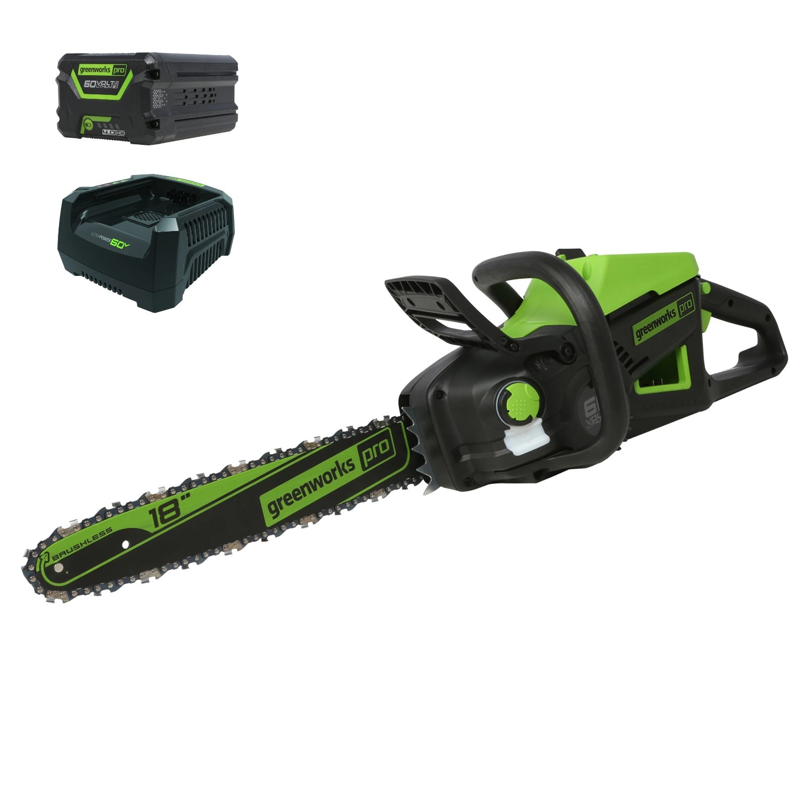 Greenworks 60V 18 Inch Chainsaw 2000W Brushless w/ 4Ah Battery & Rapid Charger