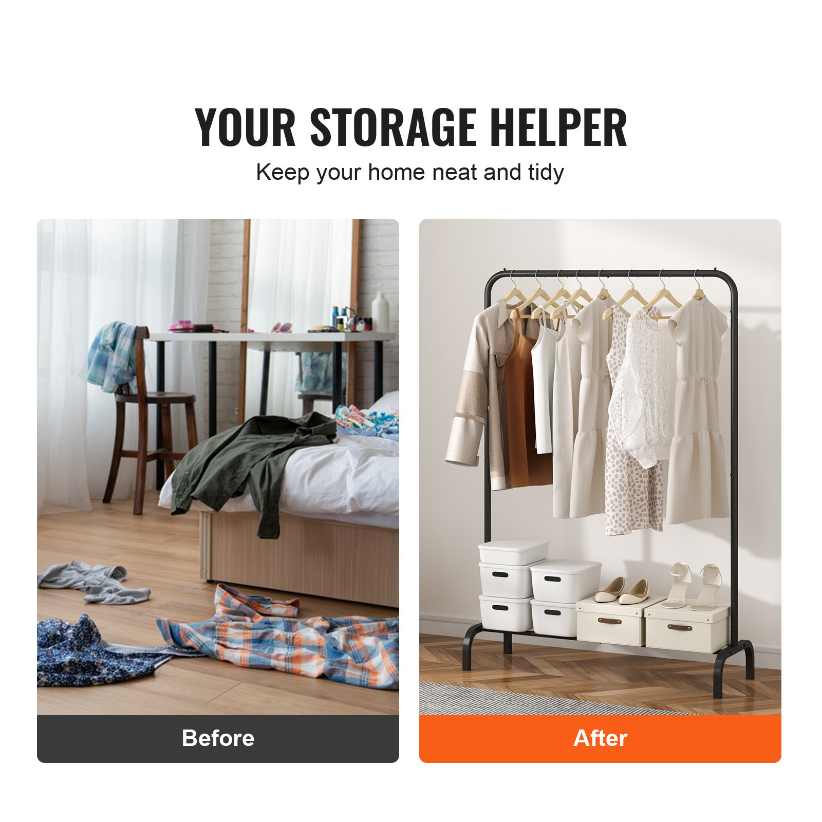 VEVOR Clothes Rack Heavy Duty Clothing Garment Rack with Hanging Rod Bedroom