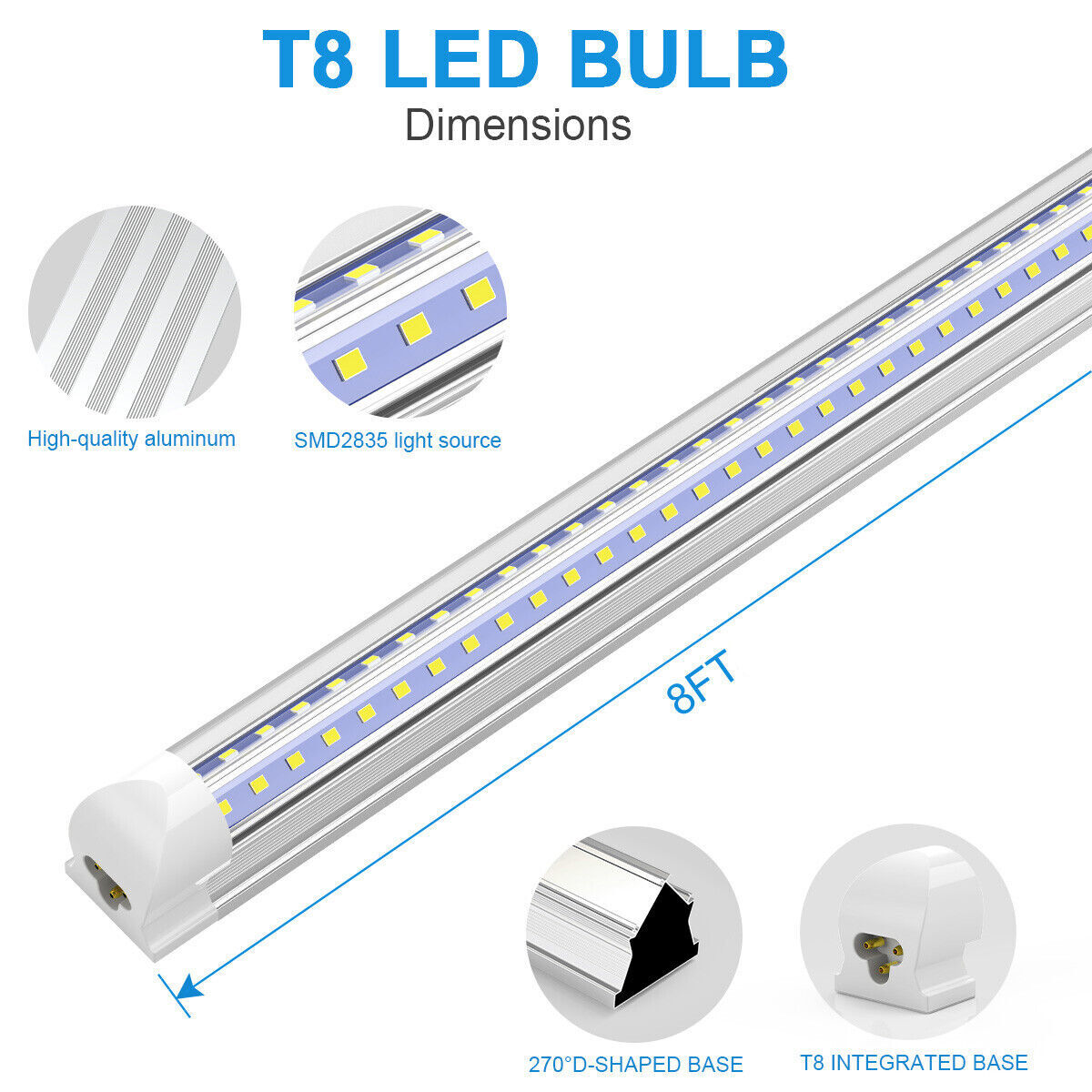 8FT LED Shop Light Fixture T8 2FT 3FT 4FT 5FT 6FT 6500K LED Tube Light Bulbs