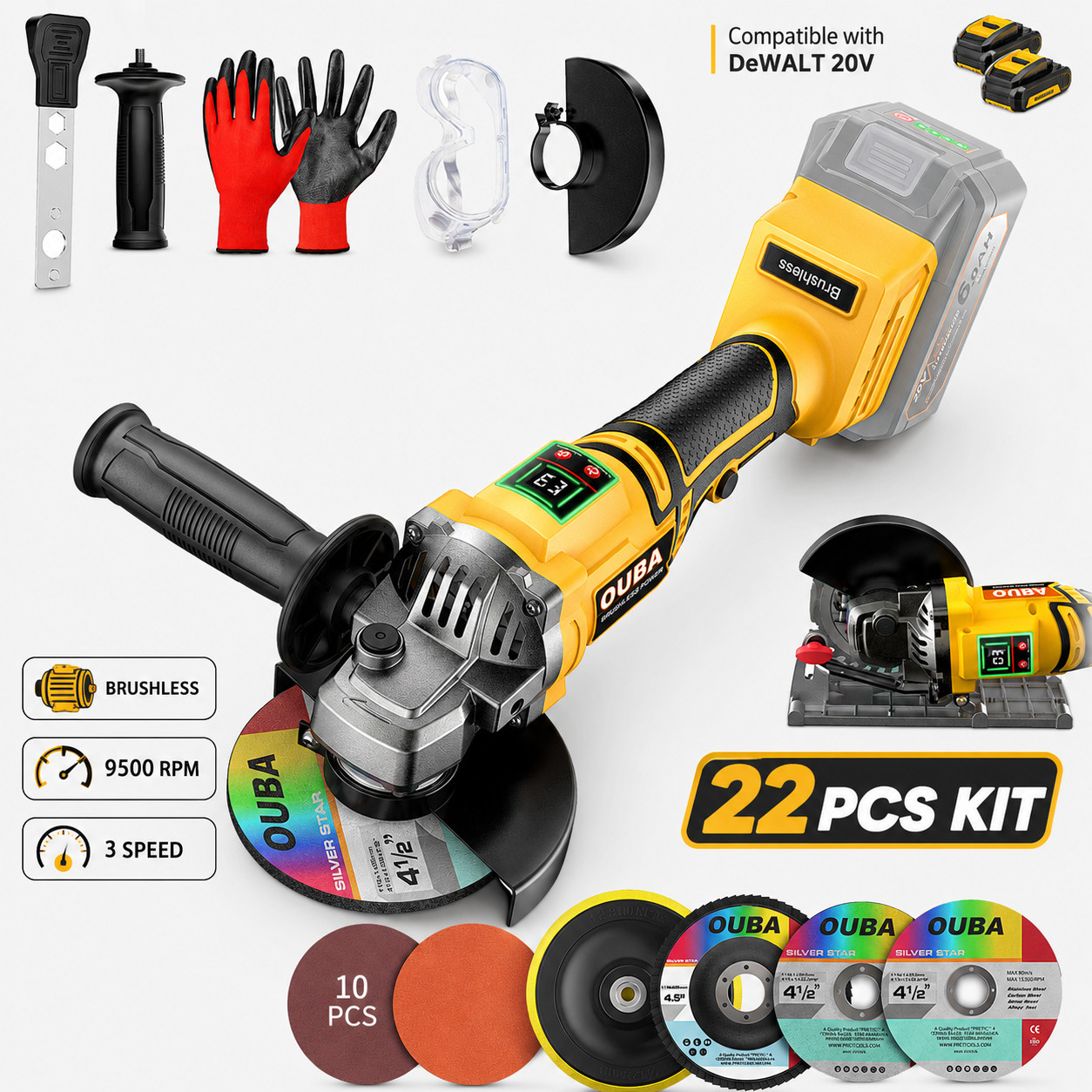 Cordless Angle Grinder For Dewalt 20V MAX 4-1/2″5″ Brushless 22PCS Accessory Kit