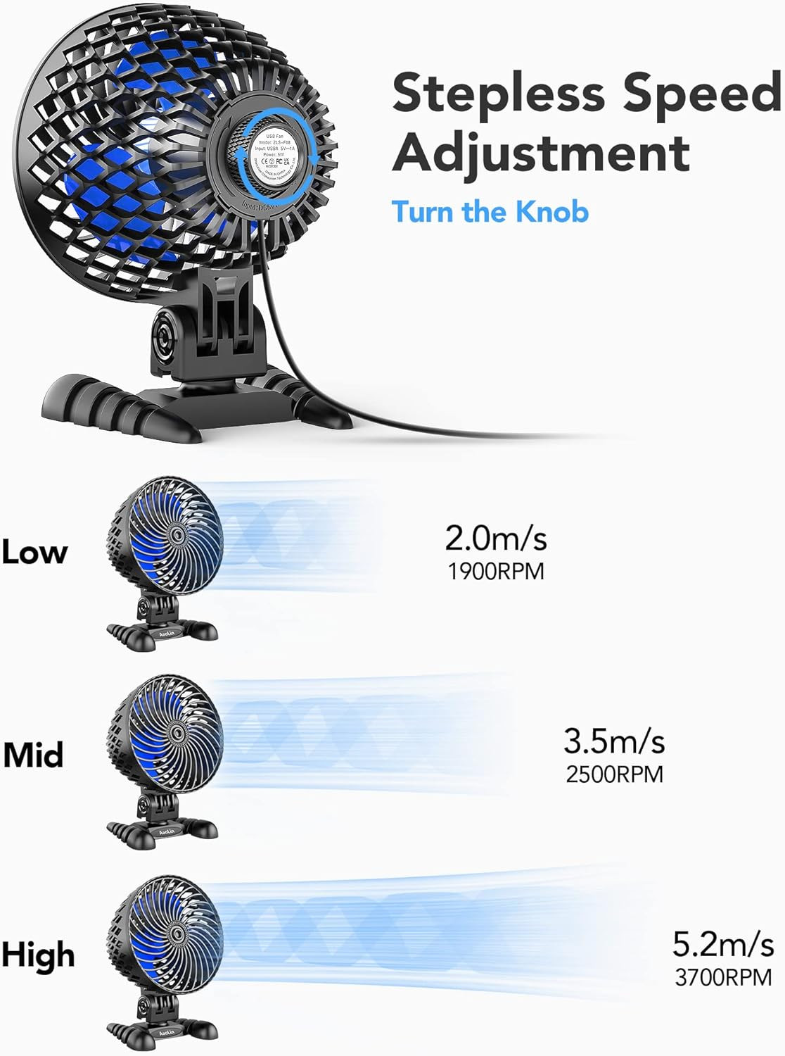 USB Desktop Small Fan, Stepless Speed Adjustment with Desk Black Blue
