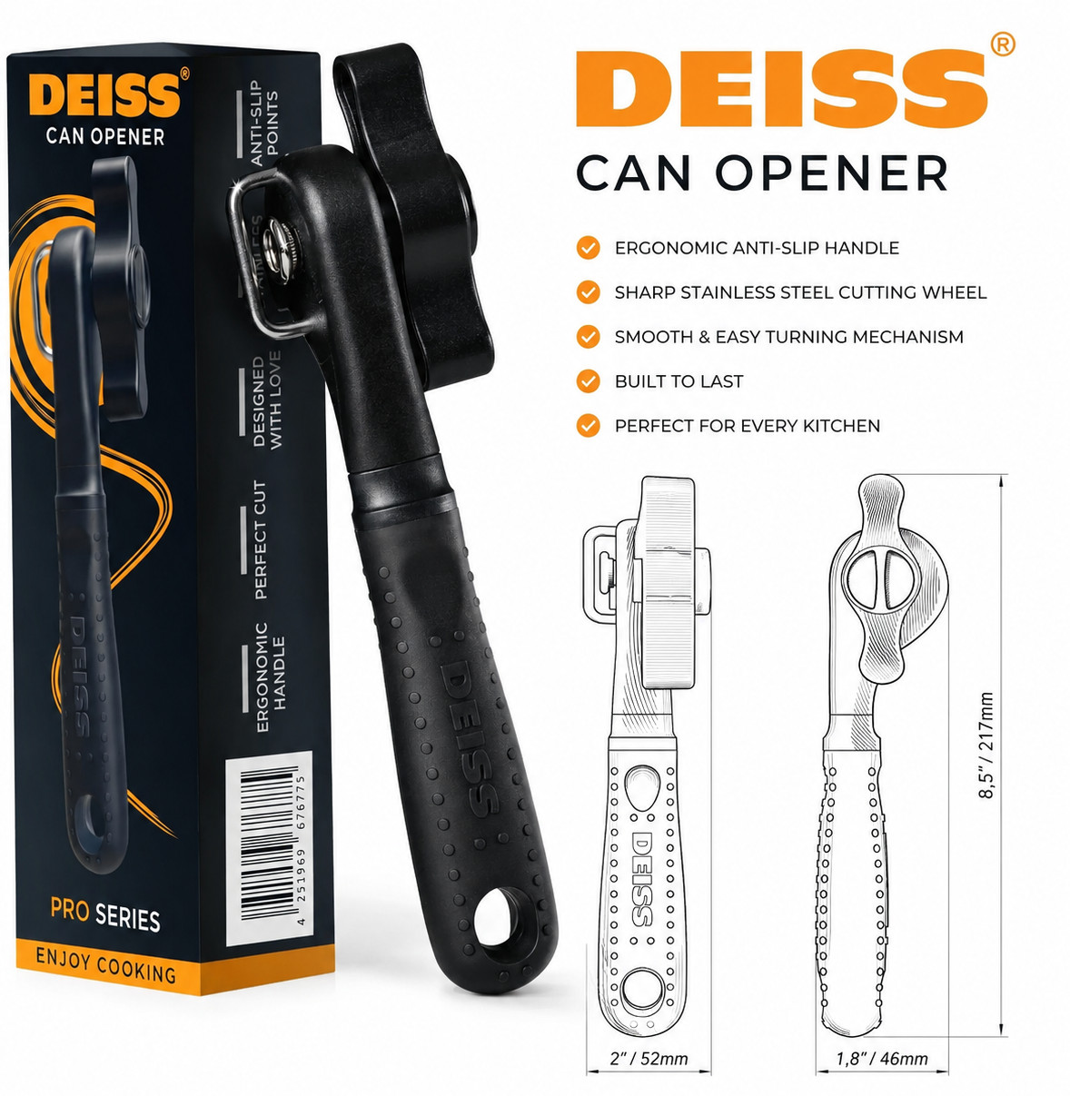 Deiss Pro Heavy Duty Can Opener Manual Smooth Edge, Handheld Can Opener with Sof