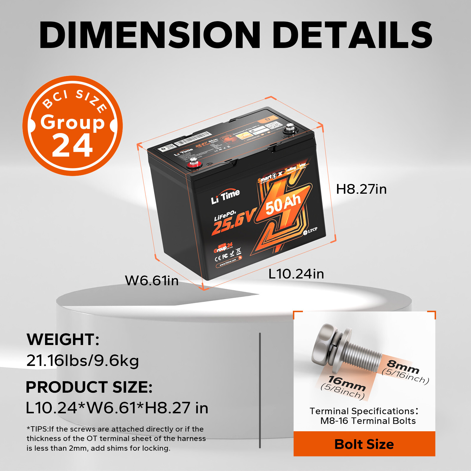 LiTime 24V 50Ah TM Bluetooth LiFePO4 Lithium Battery For Trolling Motor Solar