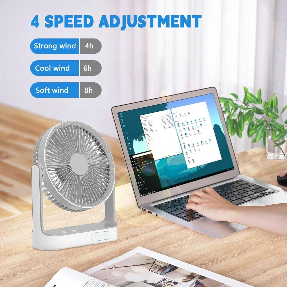 8 INCH Rechargeable Fan 30 dB With solar panel, Variable Speed and 2 Free bulbs