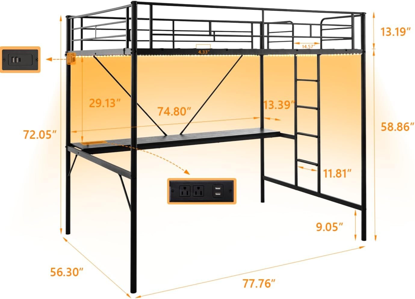 Full Size Metal Loft Bunk Bed Frame for Kids Teens Adults with Desk Underneath,2