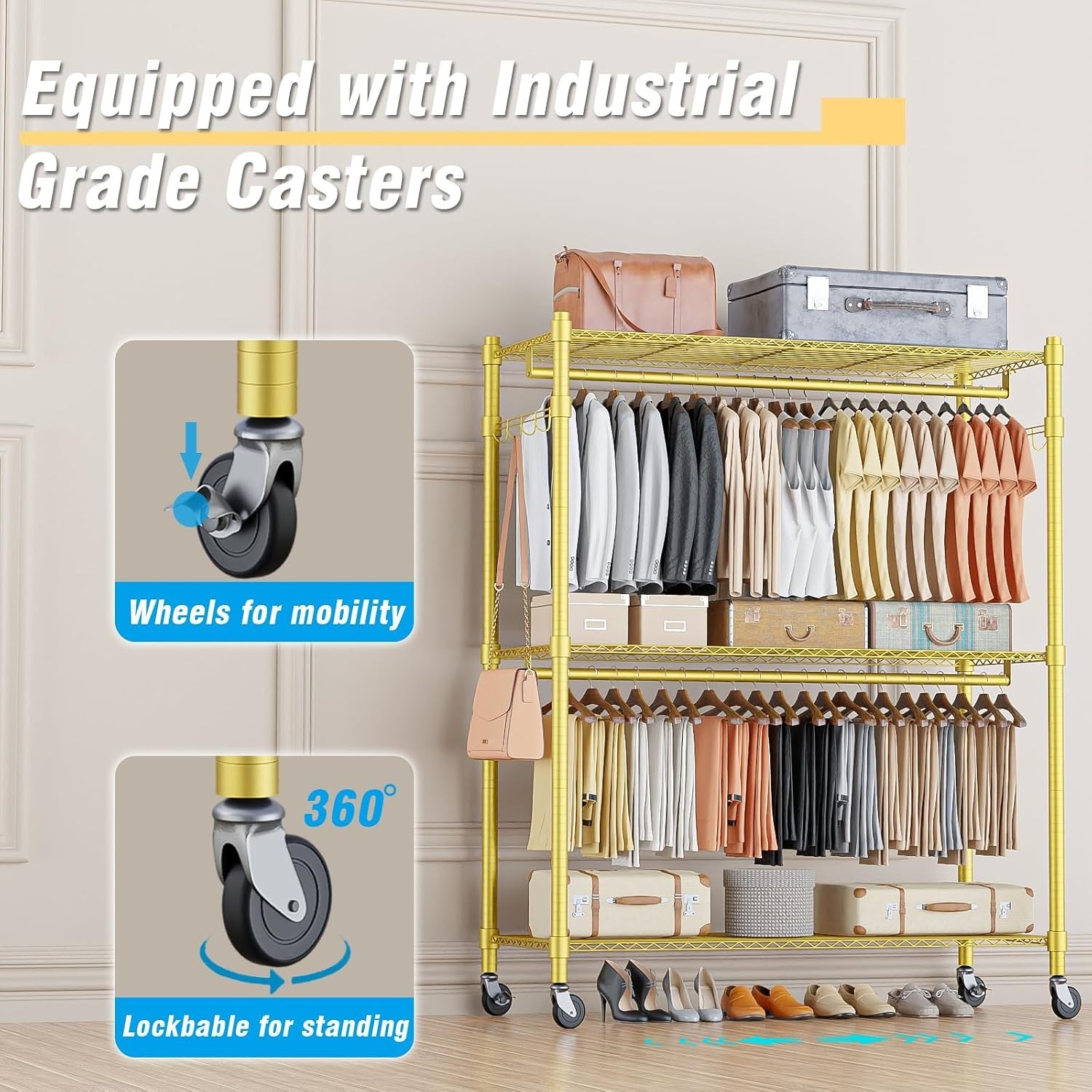 Gold Heavy Duty Clothes Rack with Wheels, 3-Tier Rolling Metal Garment Organi…