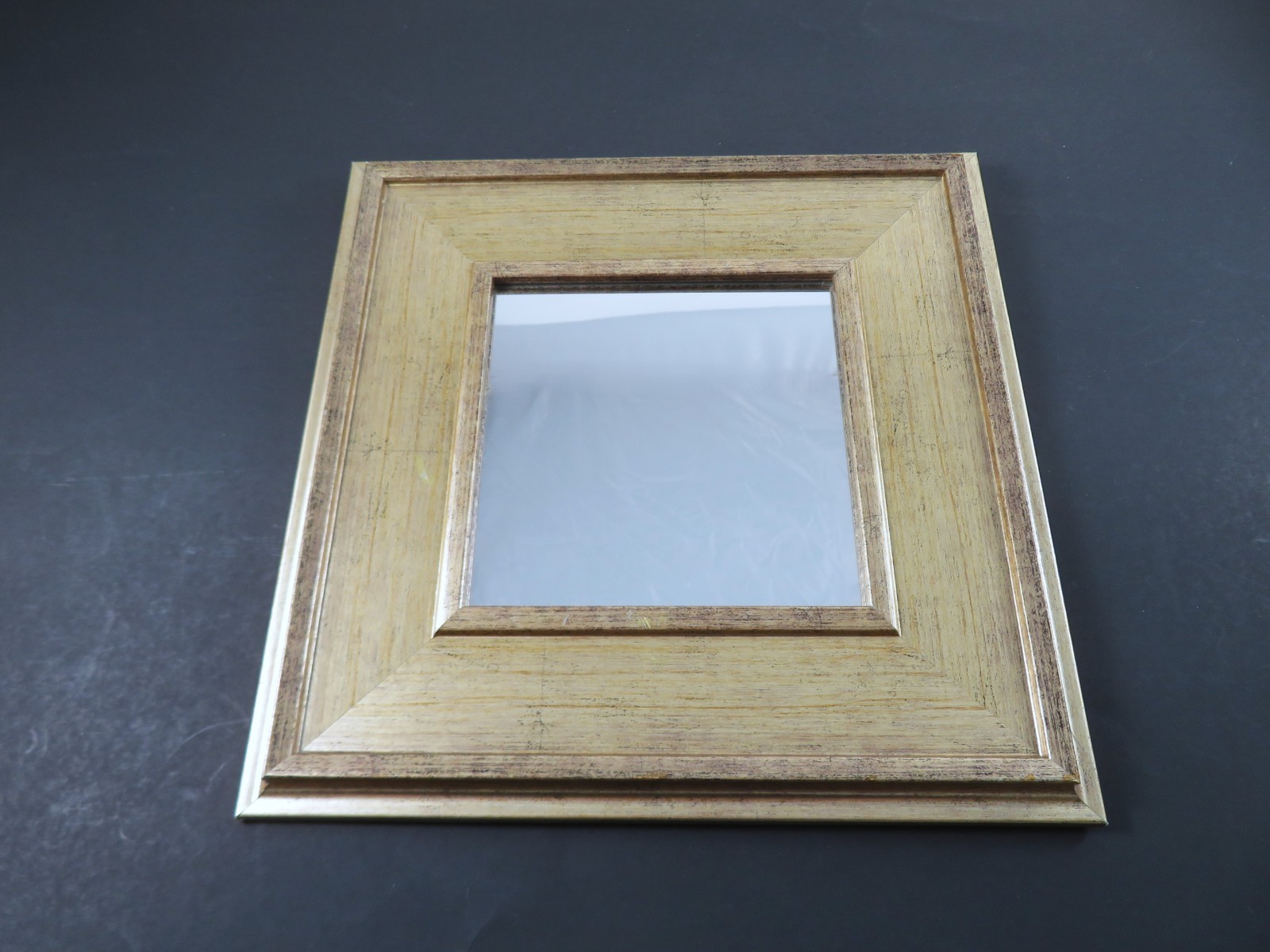 Pair Regency Square Wall Mirrors Framed In Beveled Gold Plastic Wood-Look 9.8 In