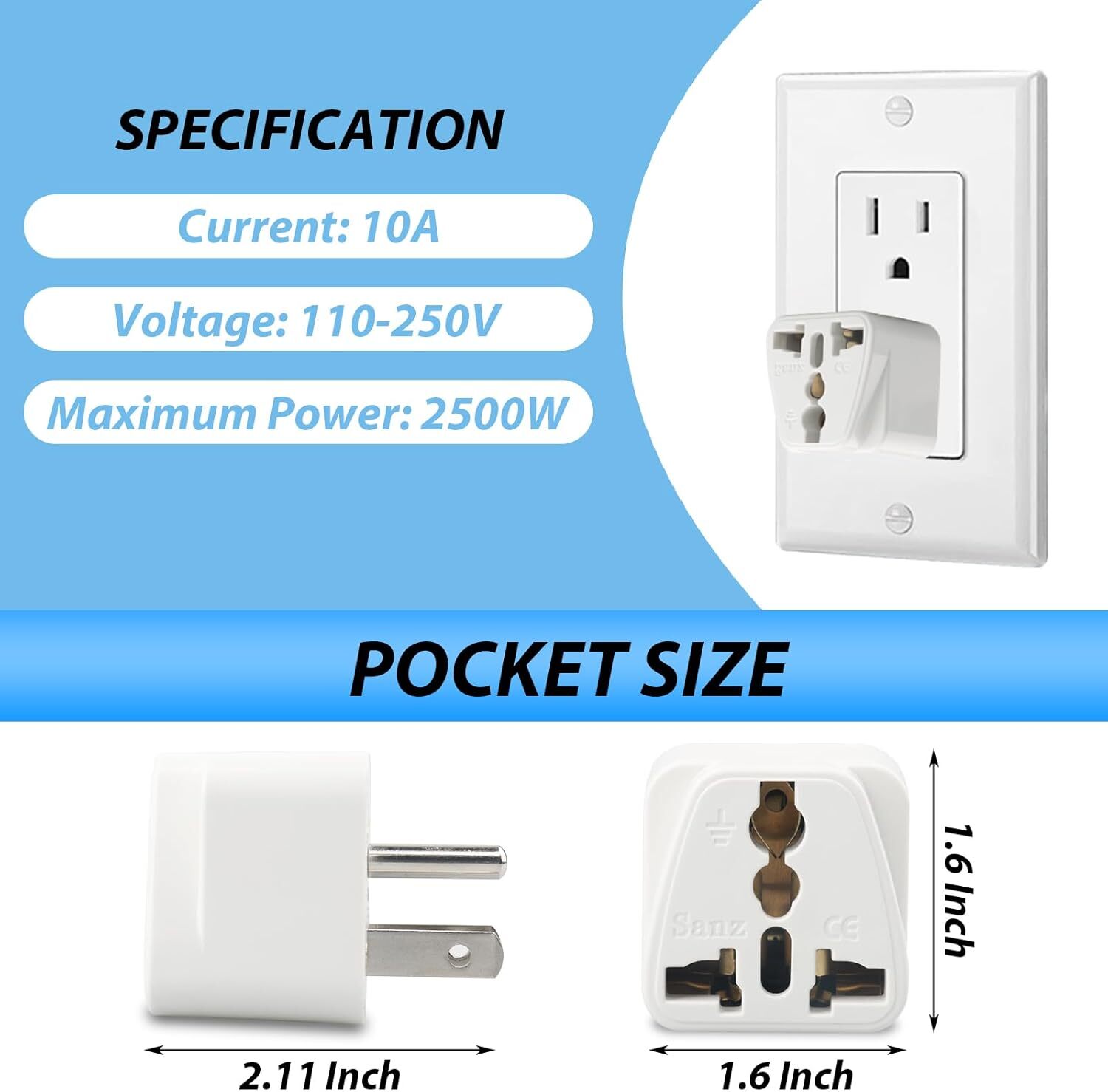 1-1000Pcs European EU To US American Adapter Plug Converter Euro Asia to USA Lot