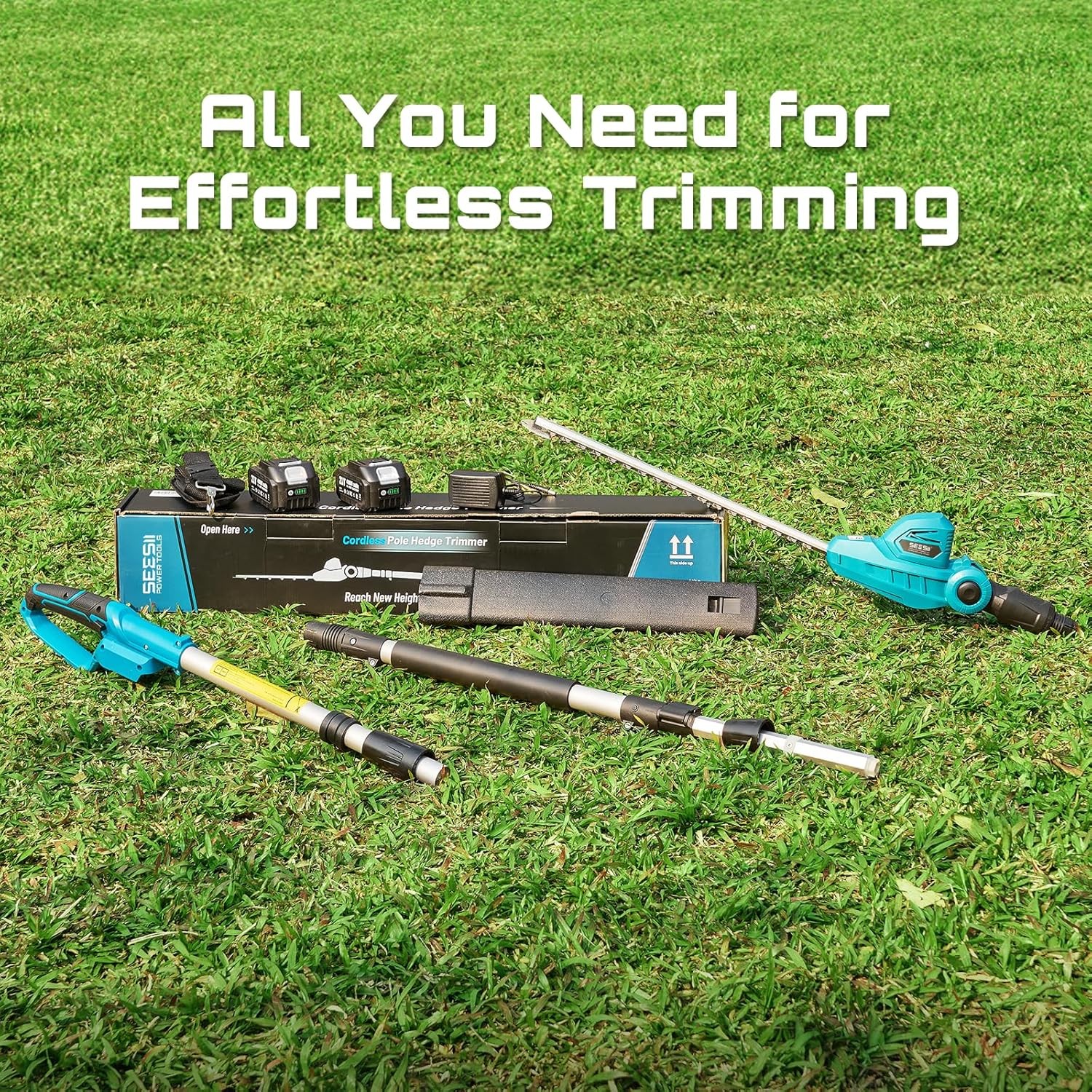 SEESII Telescopic Cordless Pole Hedge Trimmer 20″ Dual-Action Blade 8Ft Pole