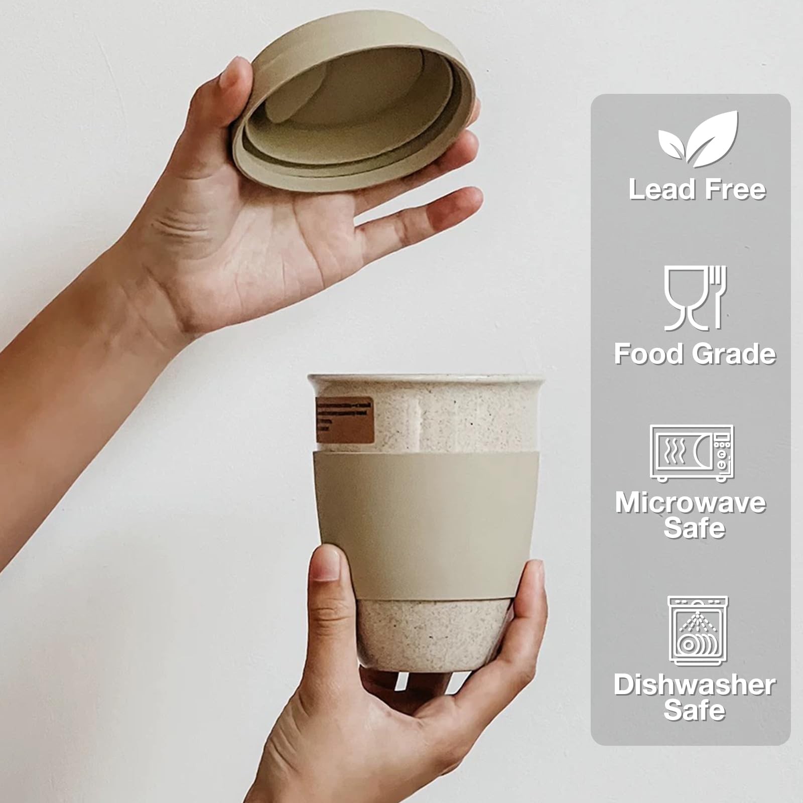Ceramic Travel Mugs with Silicone Lids, 15 oz Portable Coffee Mugs, Beige
