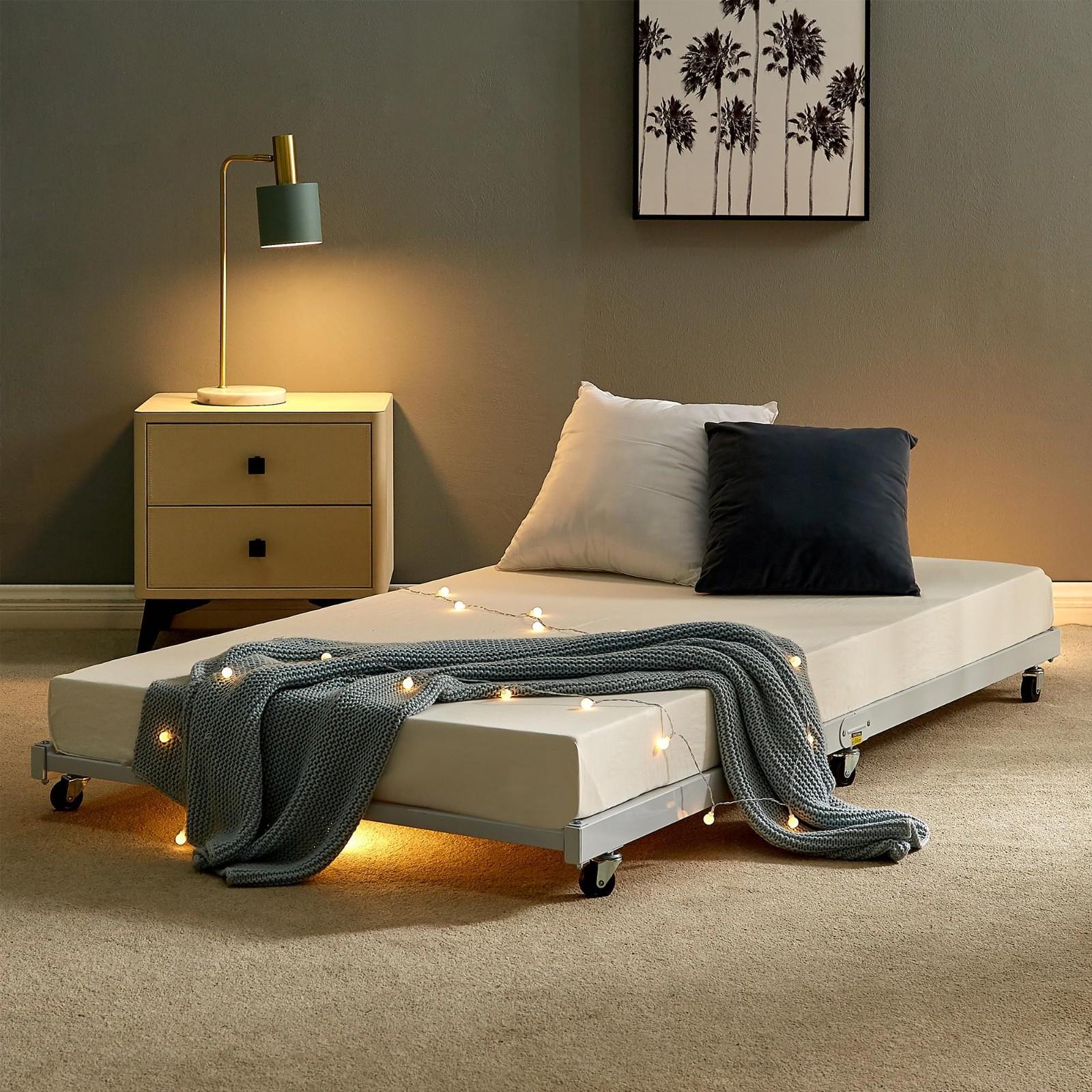 Twin Trundle Bed Frame with Roll-Out Feature, Metal Slats & Lockable Casters, Wh