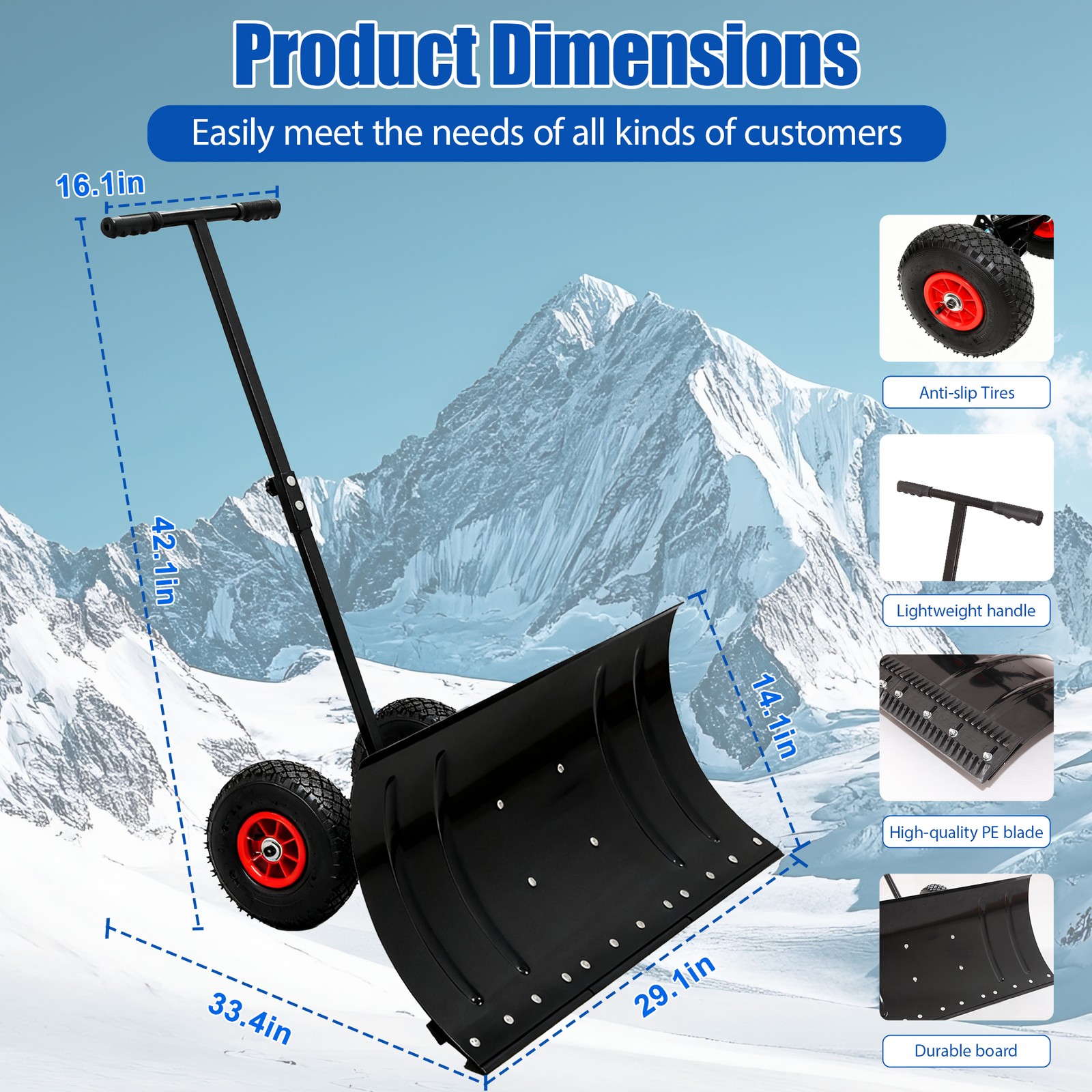 Snow Shovel Pusher w/ Adjustable Handle & Wheels for Driveway Snow Removal New