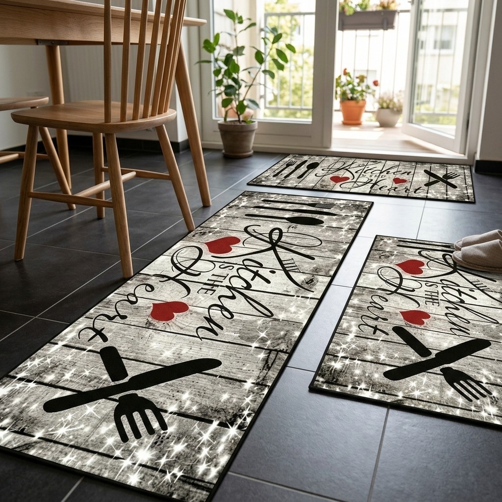 Non-Slip Washable Kitchen Floor Mat with Rustic Utensil Print Crystal Velvet