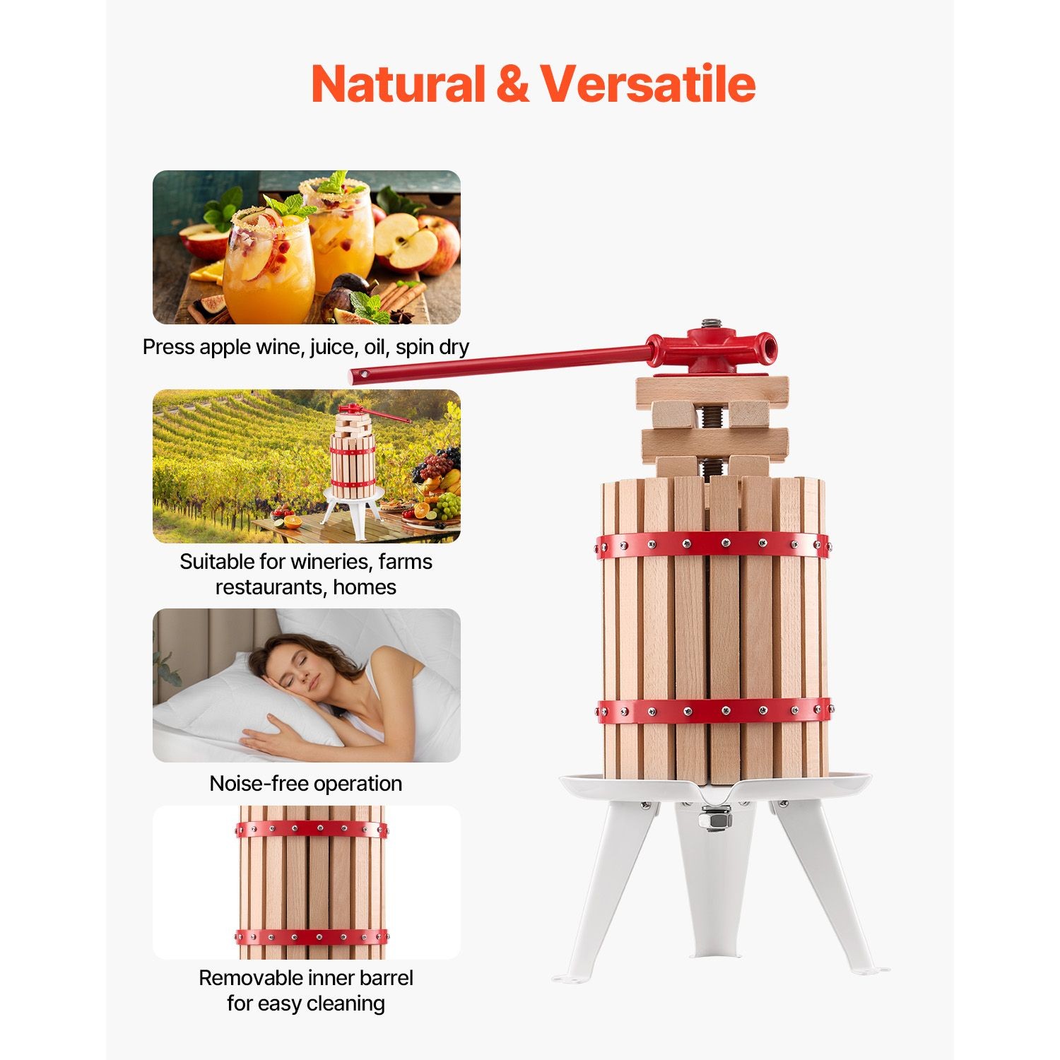 1.6 Gal Fruit Wine Press, Solid Wood Basket, Manual Juice Maker for Cider Apple