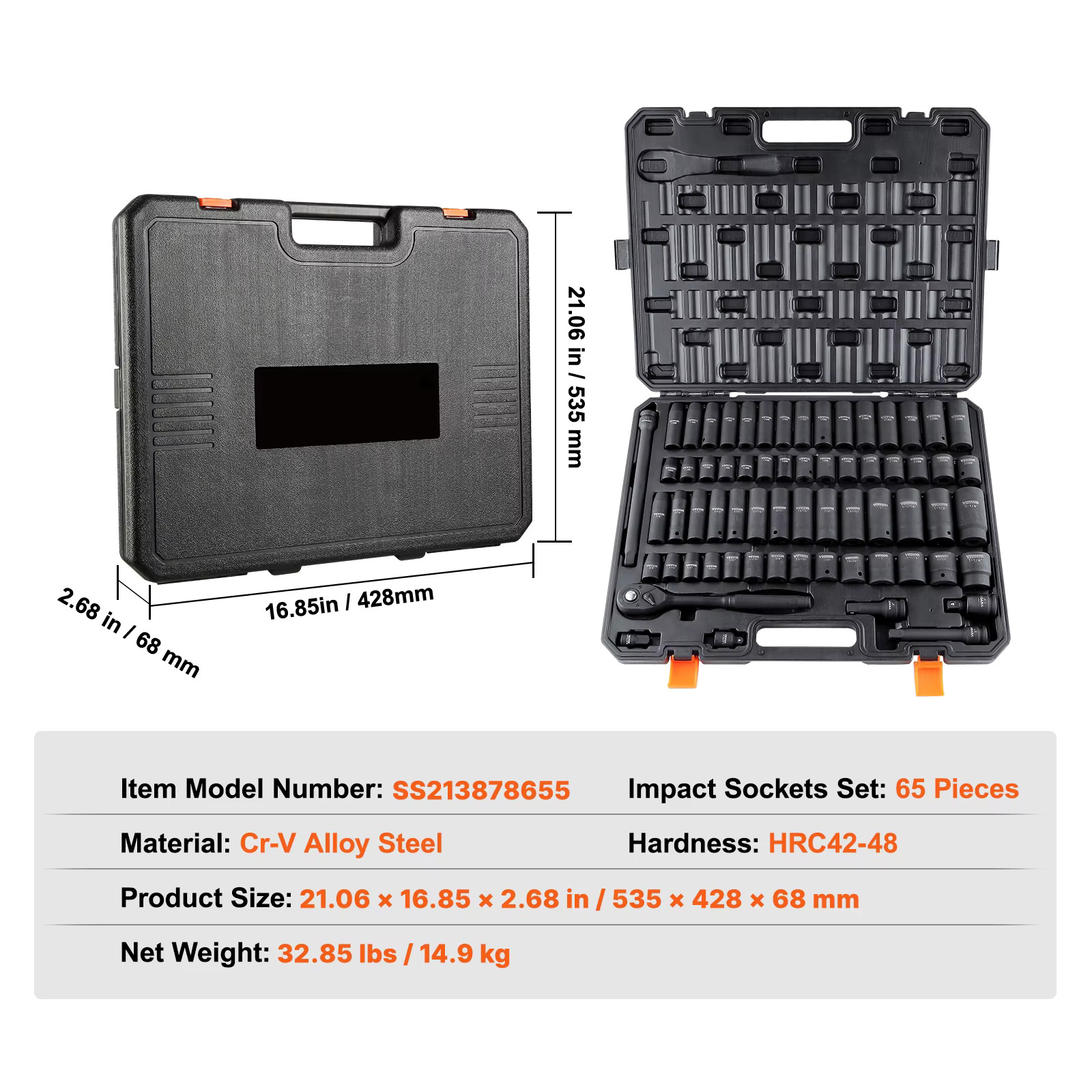 VEVOR 1/2in Alloy Steel Impact Sockets Set with 65pcs 6-Point Drive Bit Tool Kit