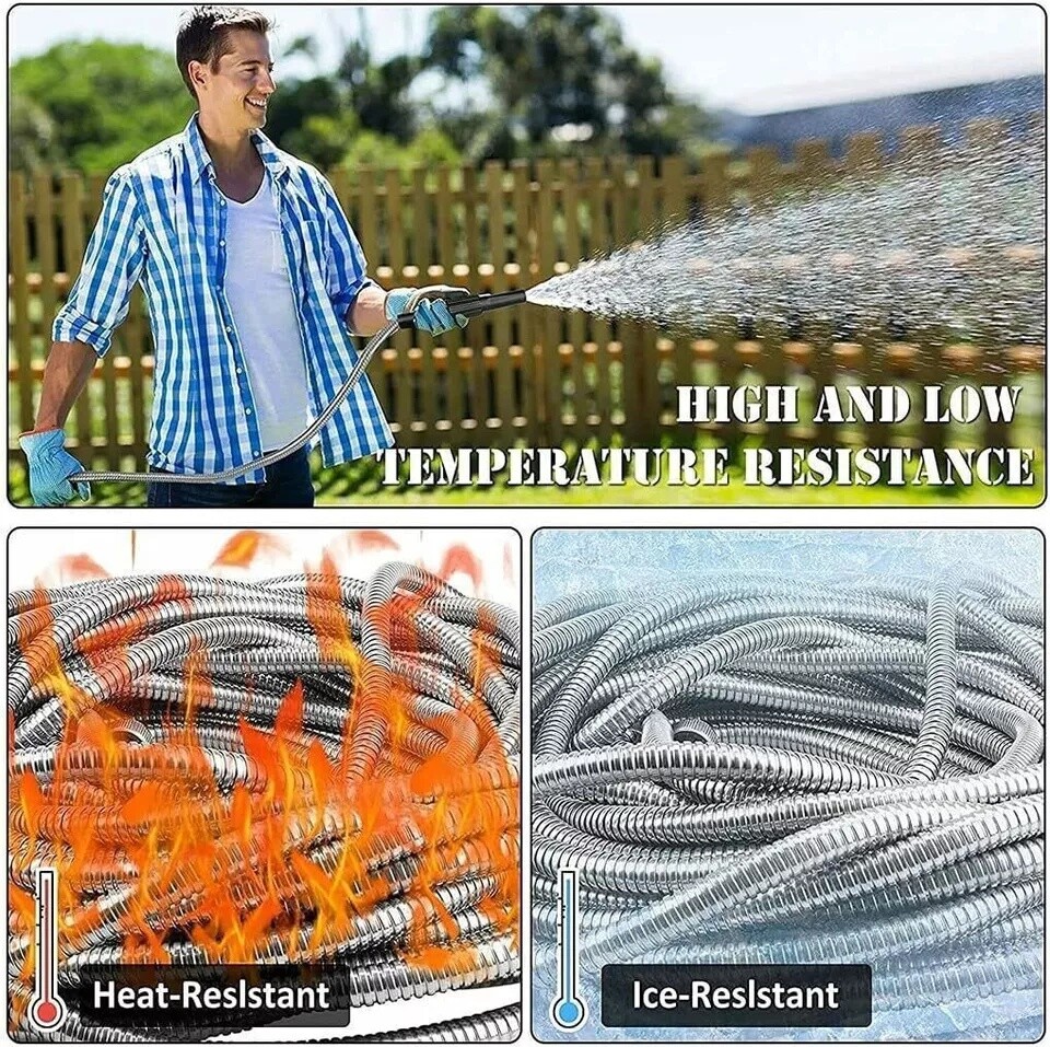 25/50/75/100/150FT Stainless Steel Metal Garden Water Hose Pipe Lightweight