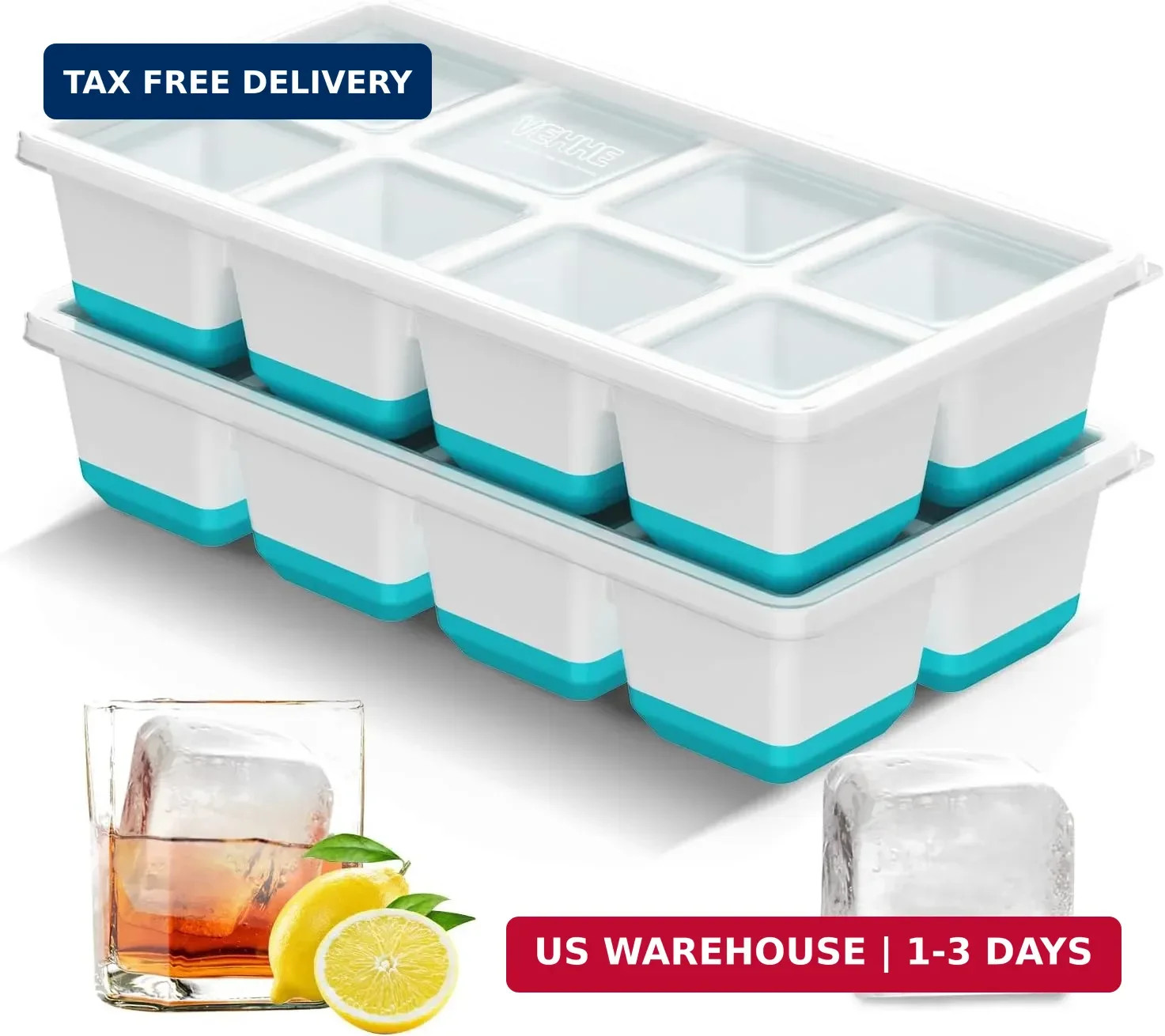 VEHHE Ice Cube Tray, 2 Pack Reusable Large Ice Cube Molds, Ice Cube Trays for Fr