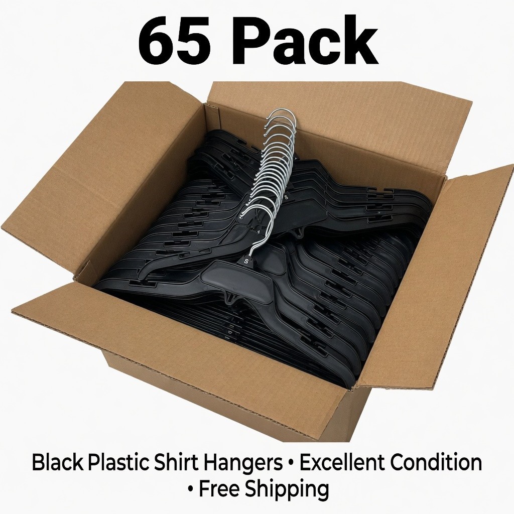 Lot of 65 Black Plastic Adult Clothes Hangers 17″ wide **FREE SHIPPING”