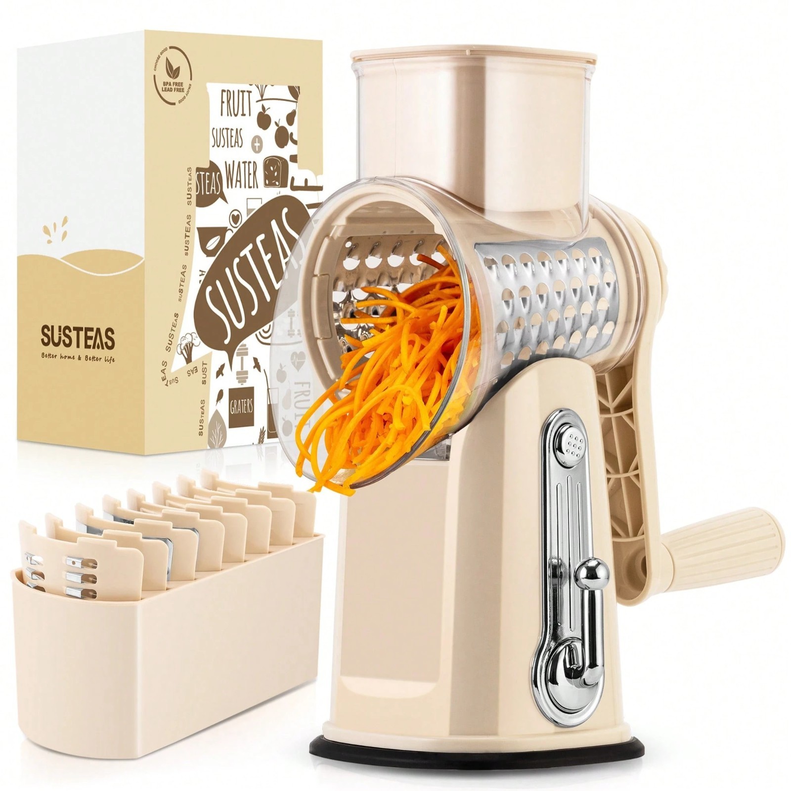 SUSTEAS Rotary Cheese Grater with 5 Blades & Storage Box Sleek Vegetable Shredde