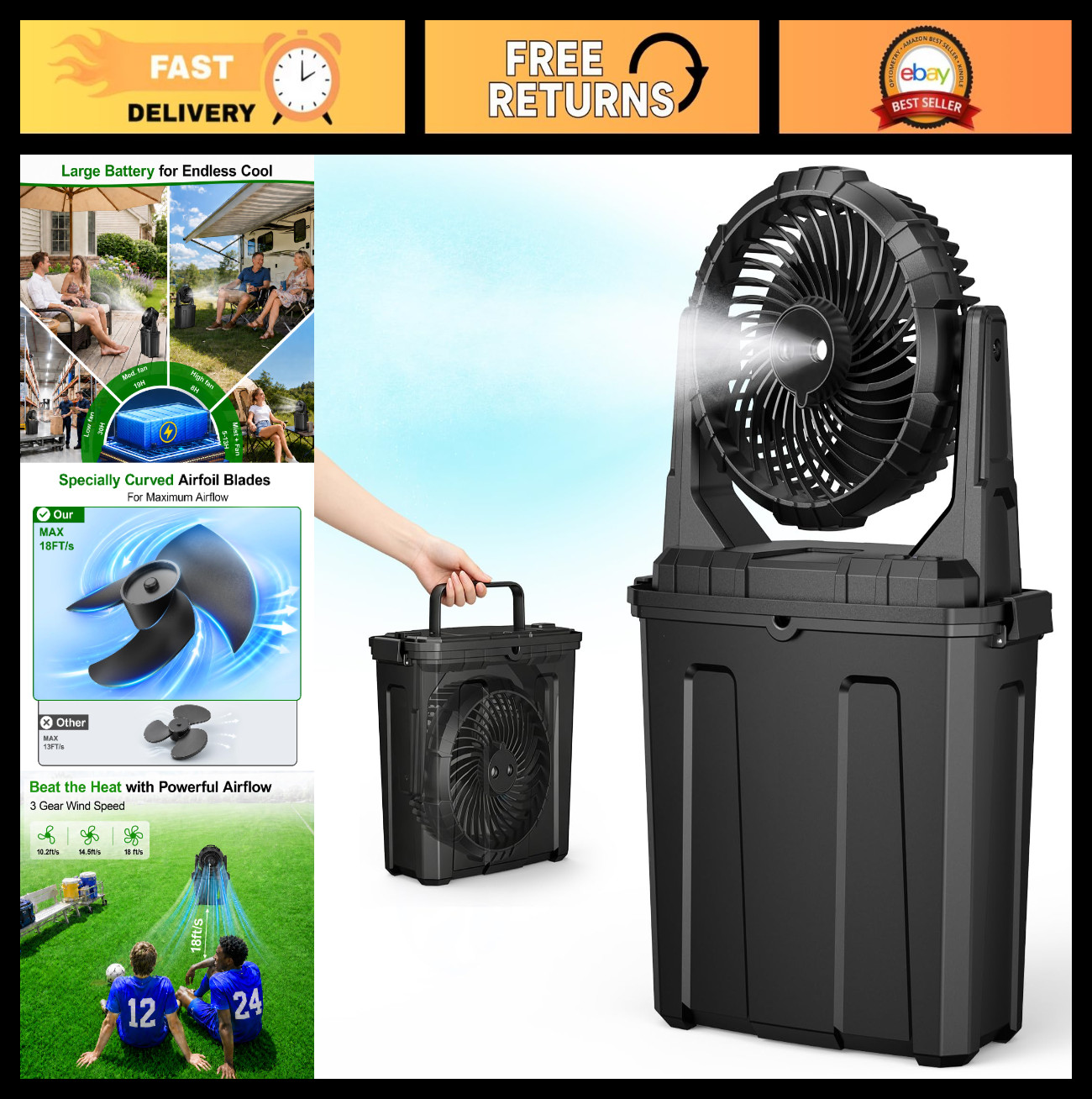 Portable Misting Fan 1.35 Gal – Rechargeable Outdoor Fan for Patios, Camping & B