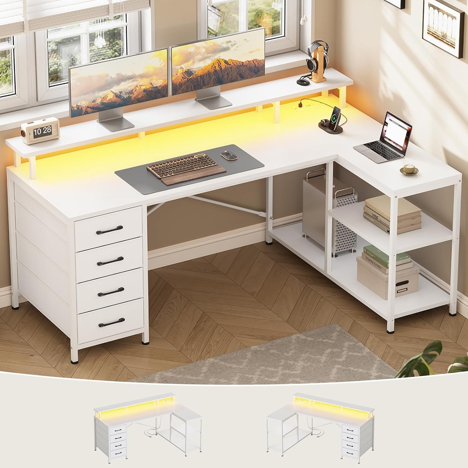L Shaped Desk with 4 Drawers &Storage Shelves, Corner Computer Desk w/LED Lights
