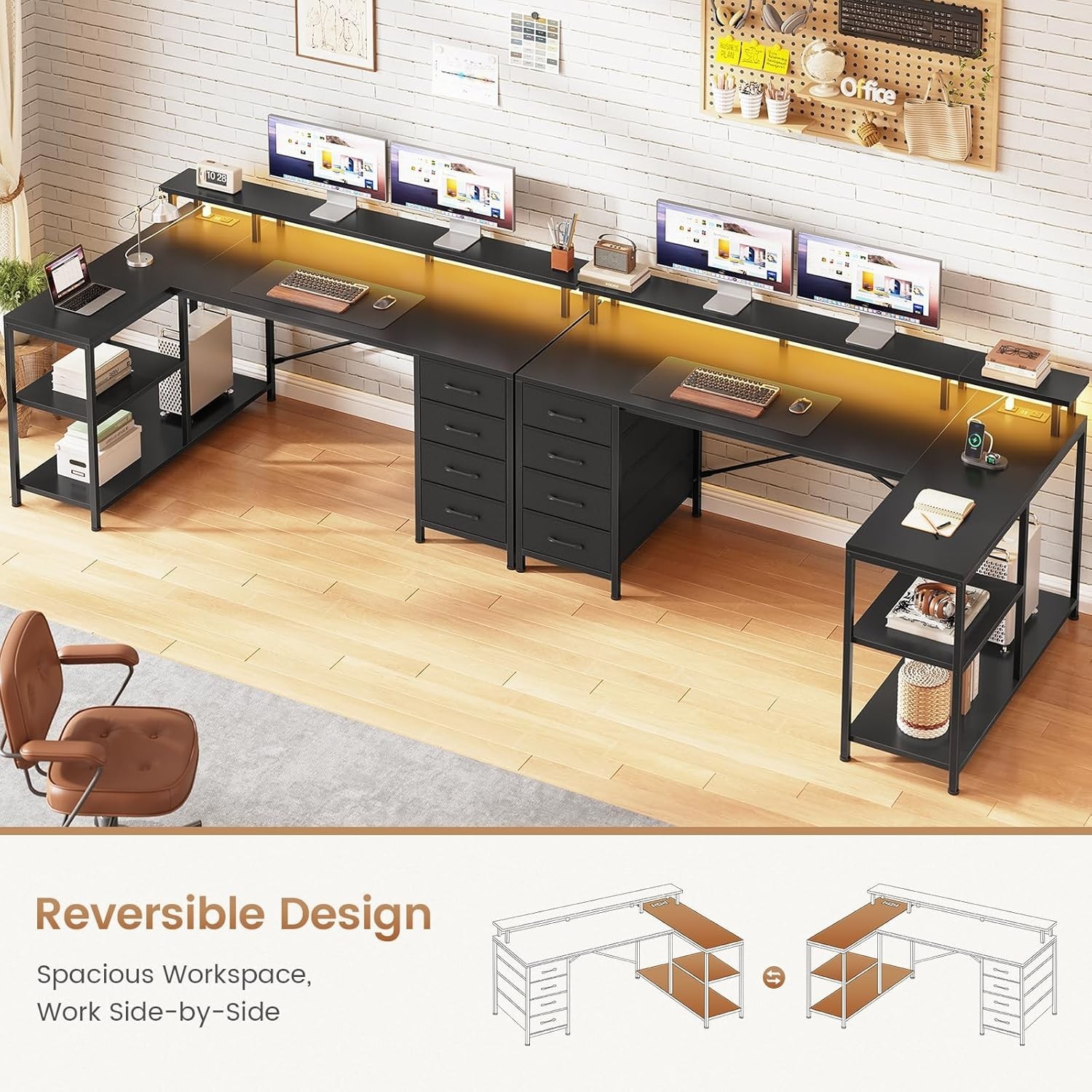 L Shaped Desk with 4 Drawers &Storage Shelves, Corner Computer Desk w/LED Lights
